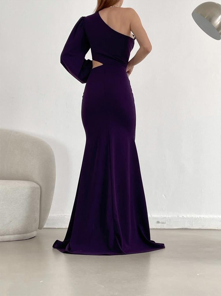   Tek Kol Derin Yırtmaçlı Krep Gece Elbisesi Abiye 582286 MOR