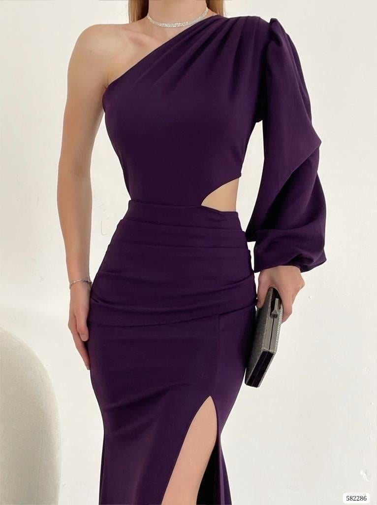   Tek Kol Derin Yırtmaçlı Krep Gece Elbisesi Abiye 582286 MOR