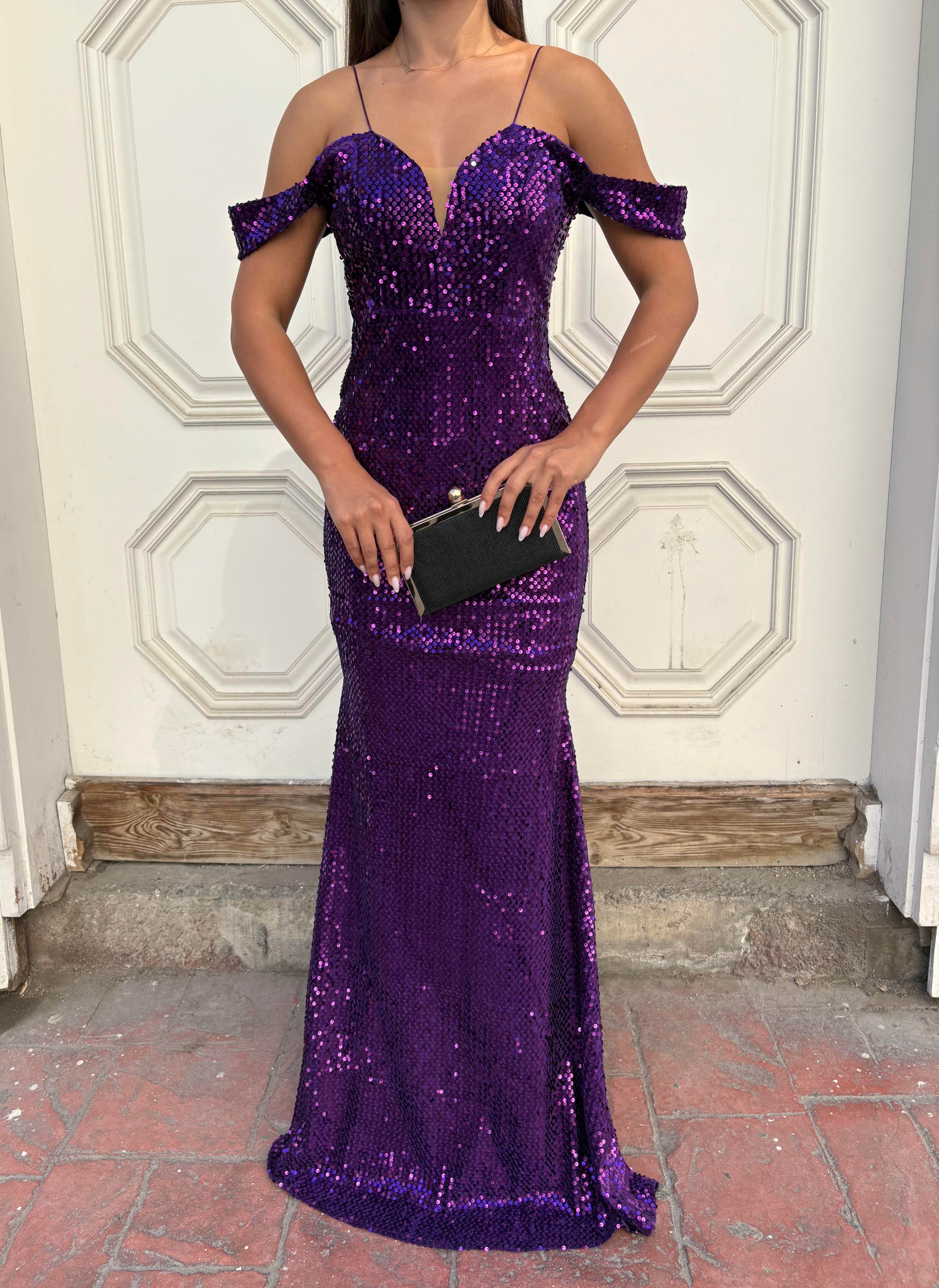  Trend Band Kol Kadife Balık Elbise Mor 583198
