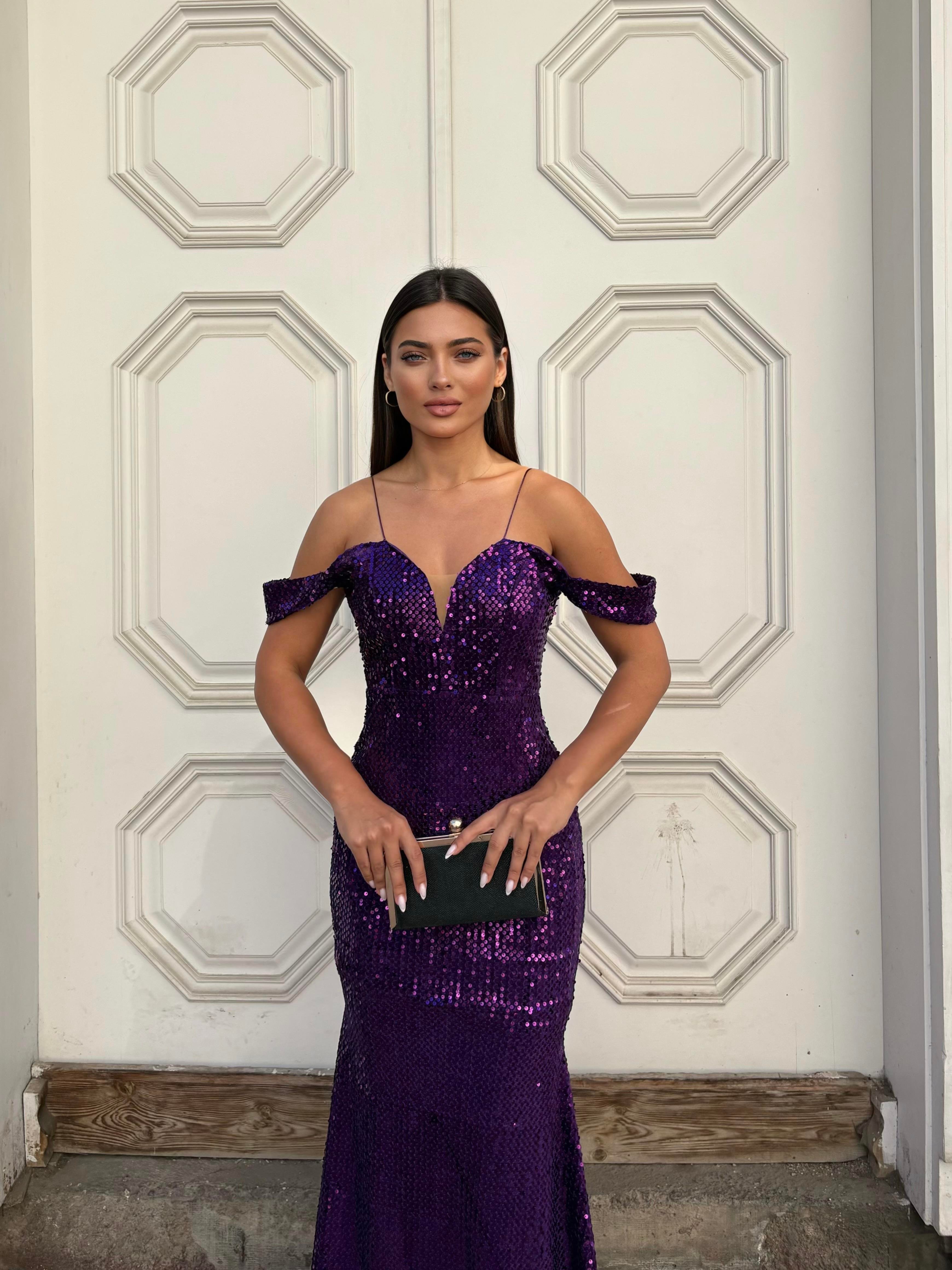  Trend Band Kol Kadife Balık Elbise Mor 583198