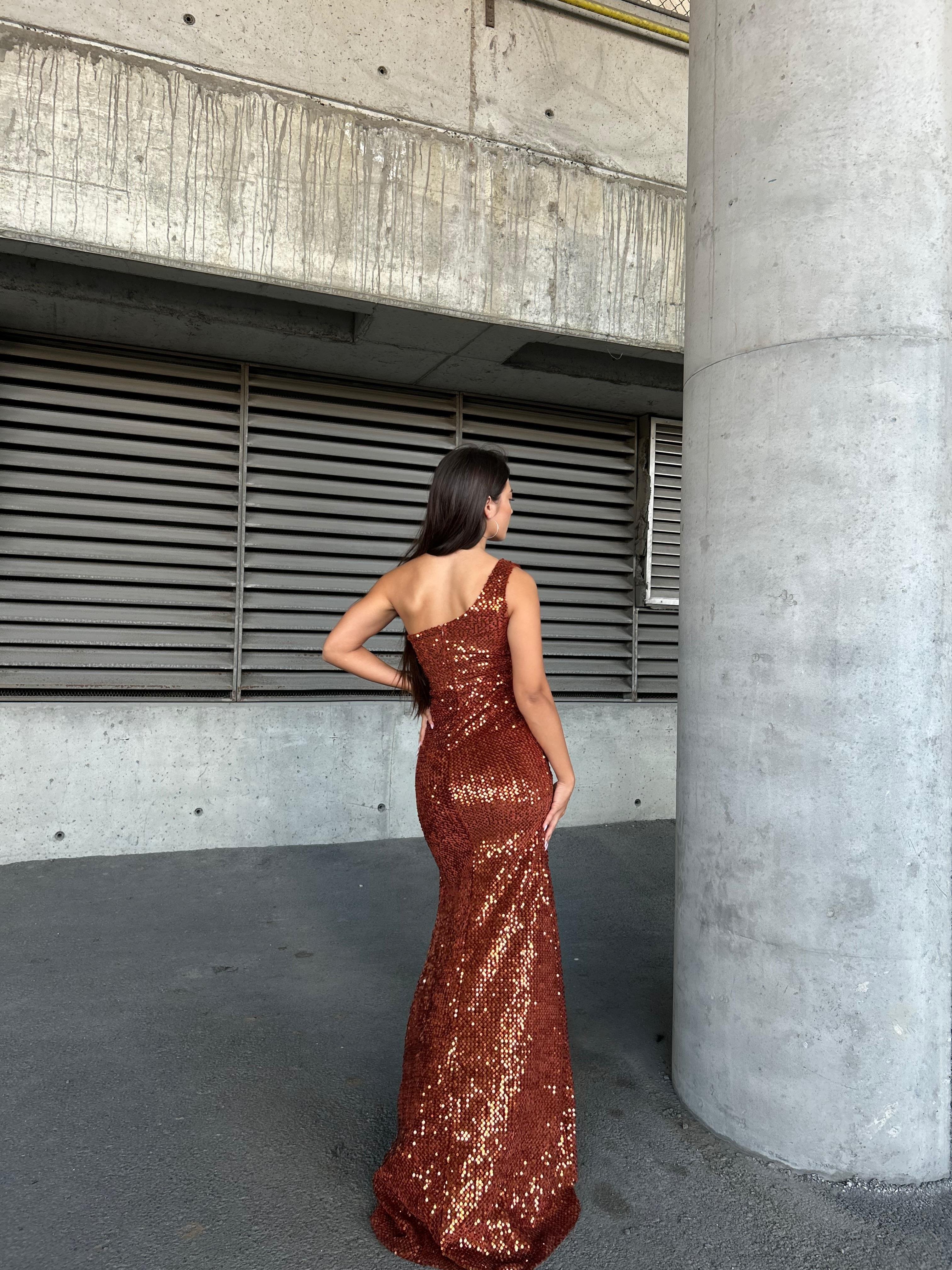 Trend Kadife Yırtmaçlı Elbise KİREMİT 583150