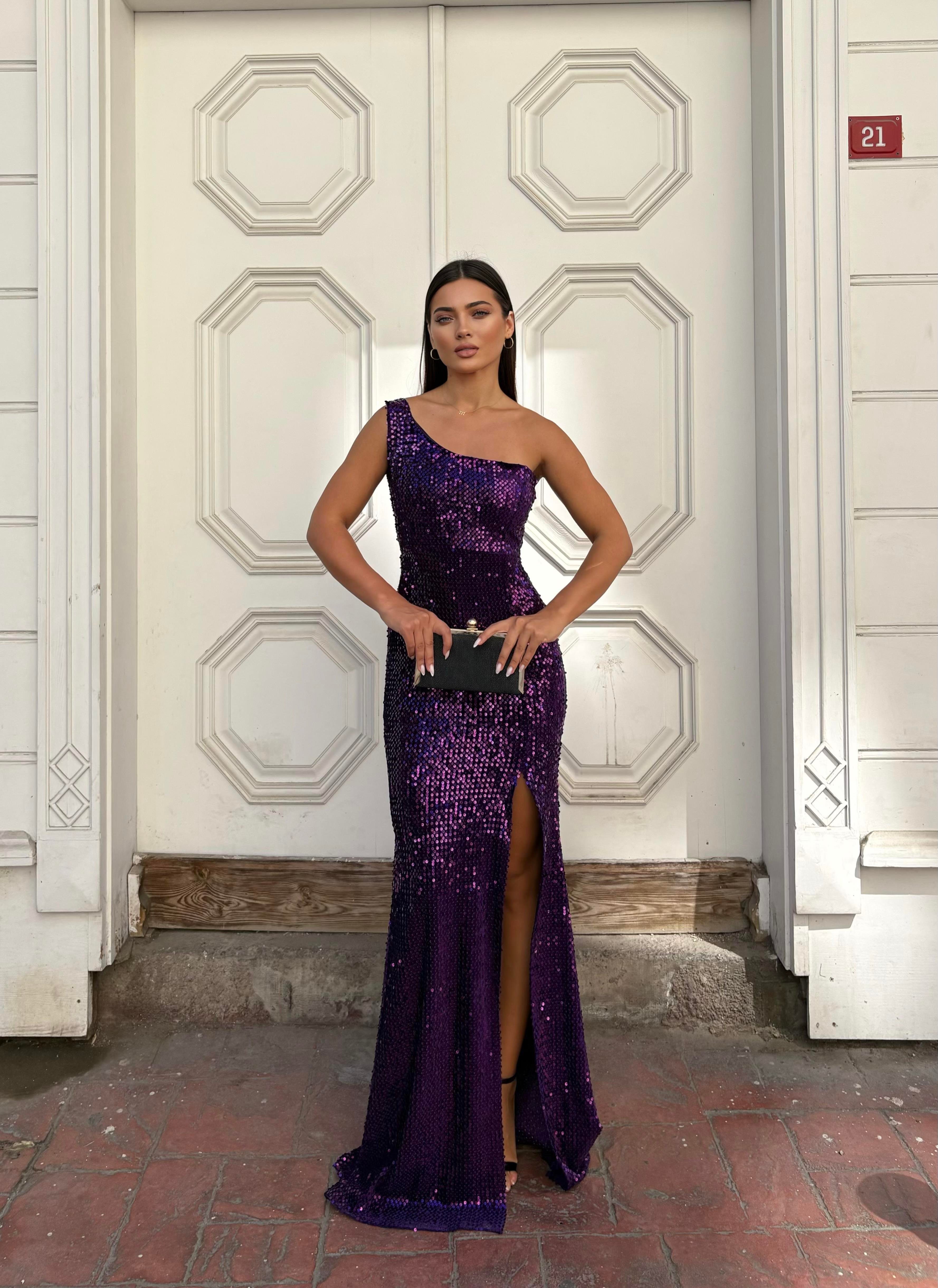 Trend Kadife Yırtmaçlı Elbise Mor 583150