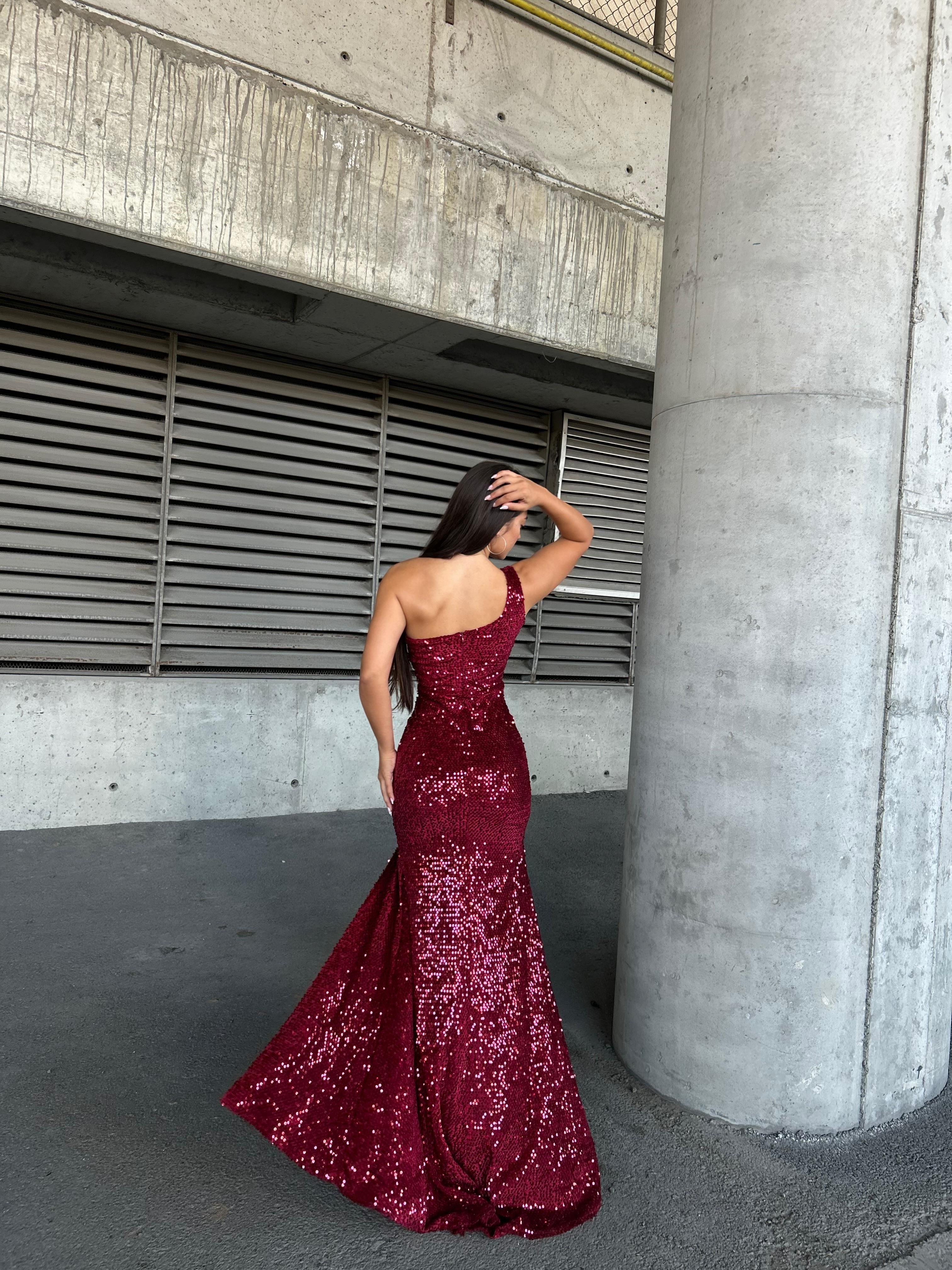 Trend Kadife Yırtmaçlı Elbise BORDO 583150