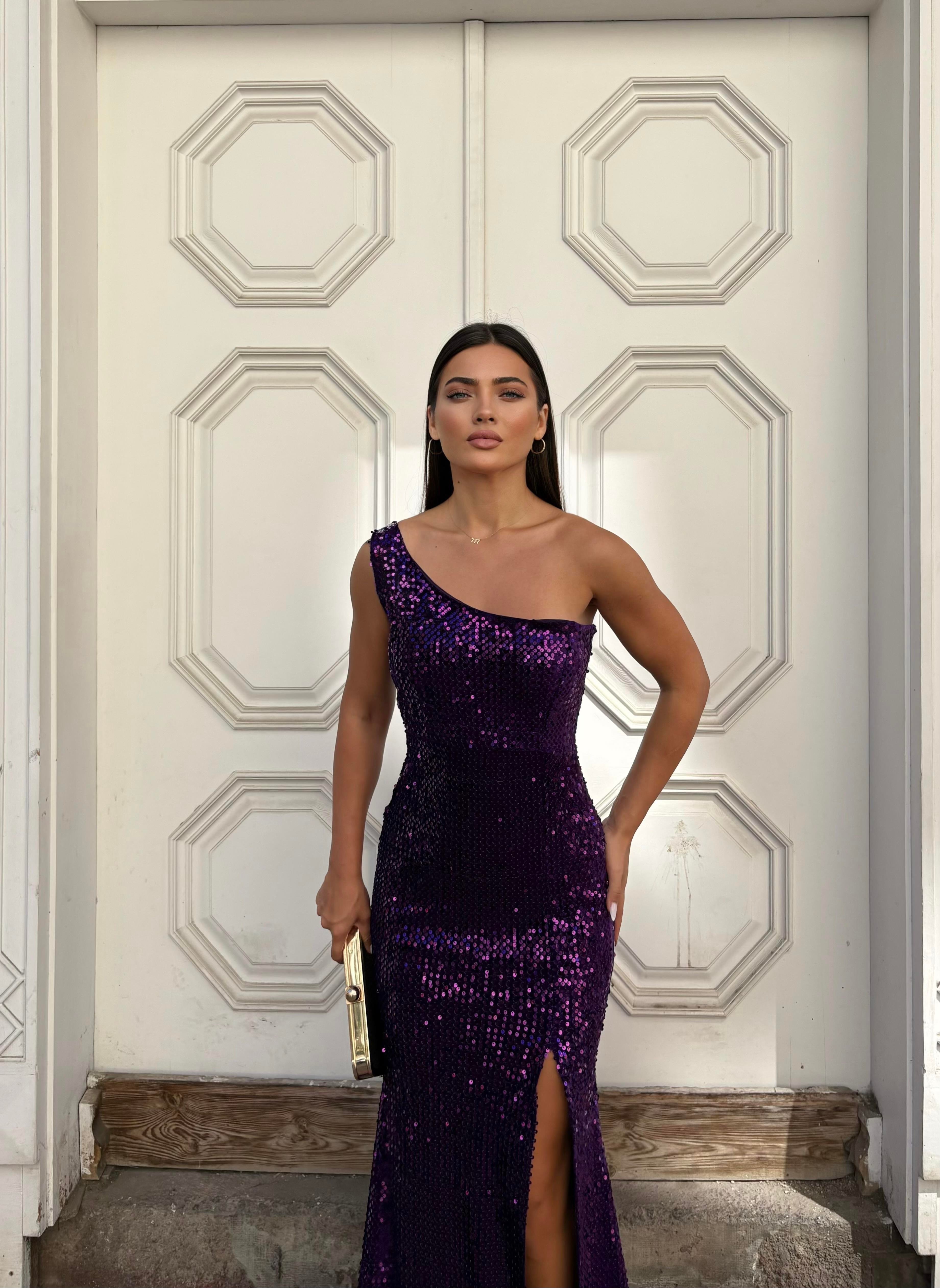 Trend Kadife Yırtmaçlı Elbise Mor 583150