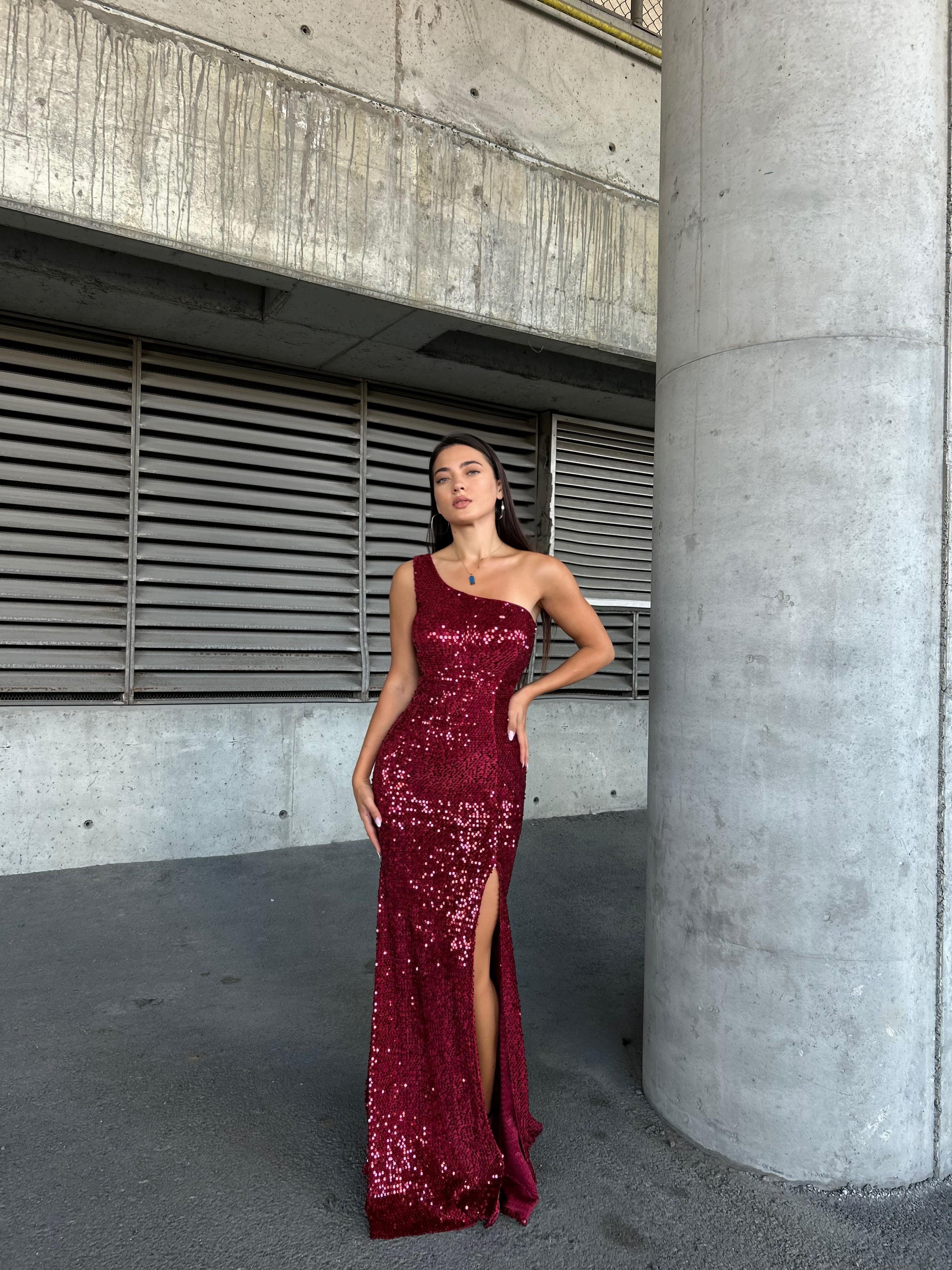 Trend Kadife Yırtmaçlı Elbise BORDO 583150
