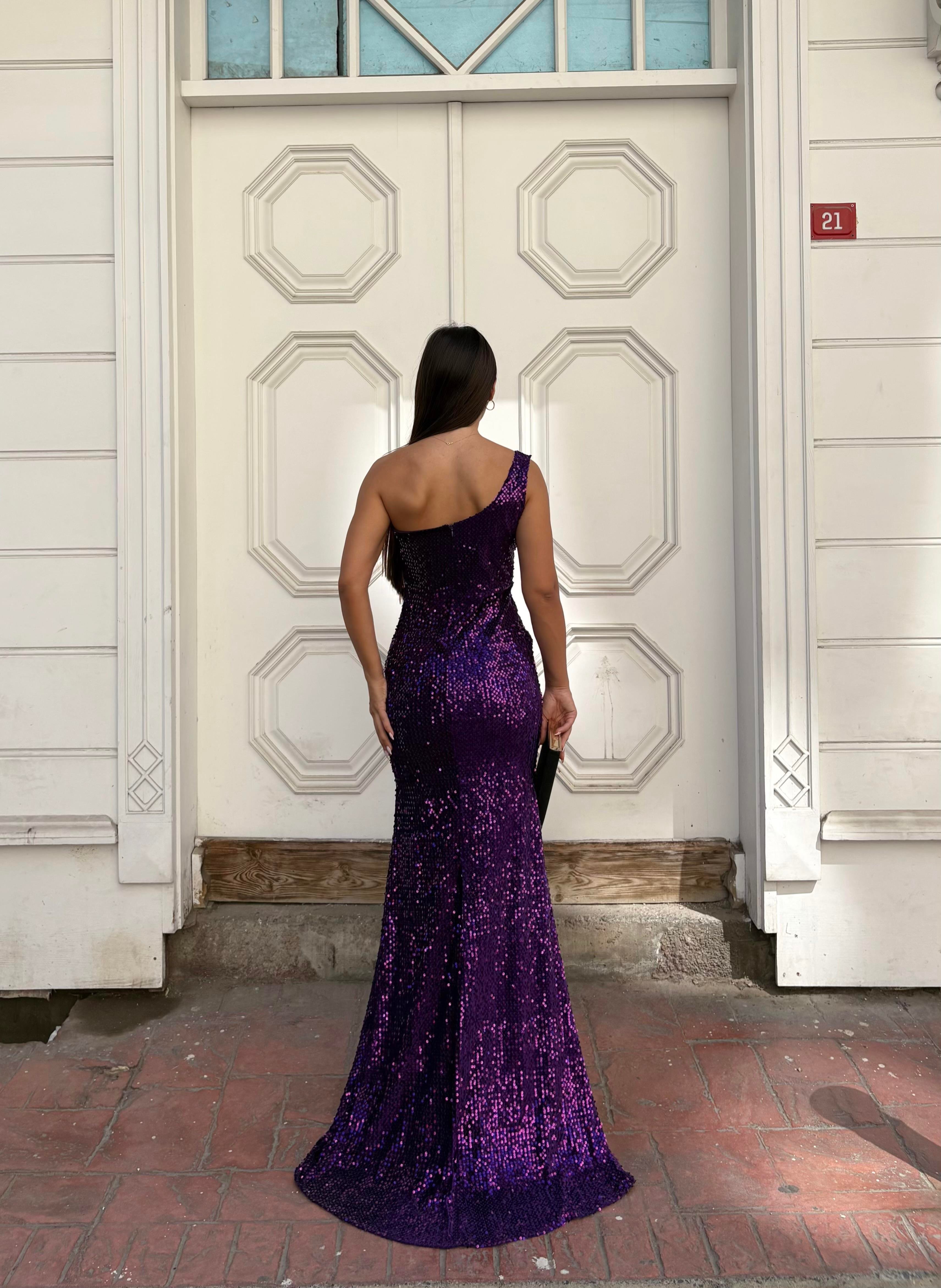 Trend Kadife Yırtmaçlı Elbise Mor 583150