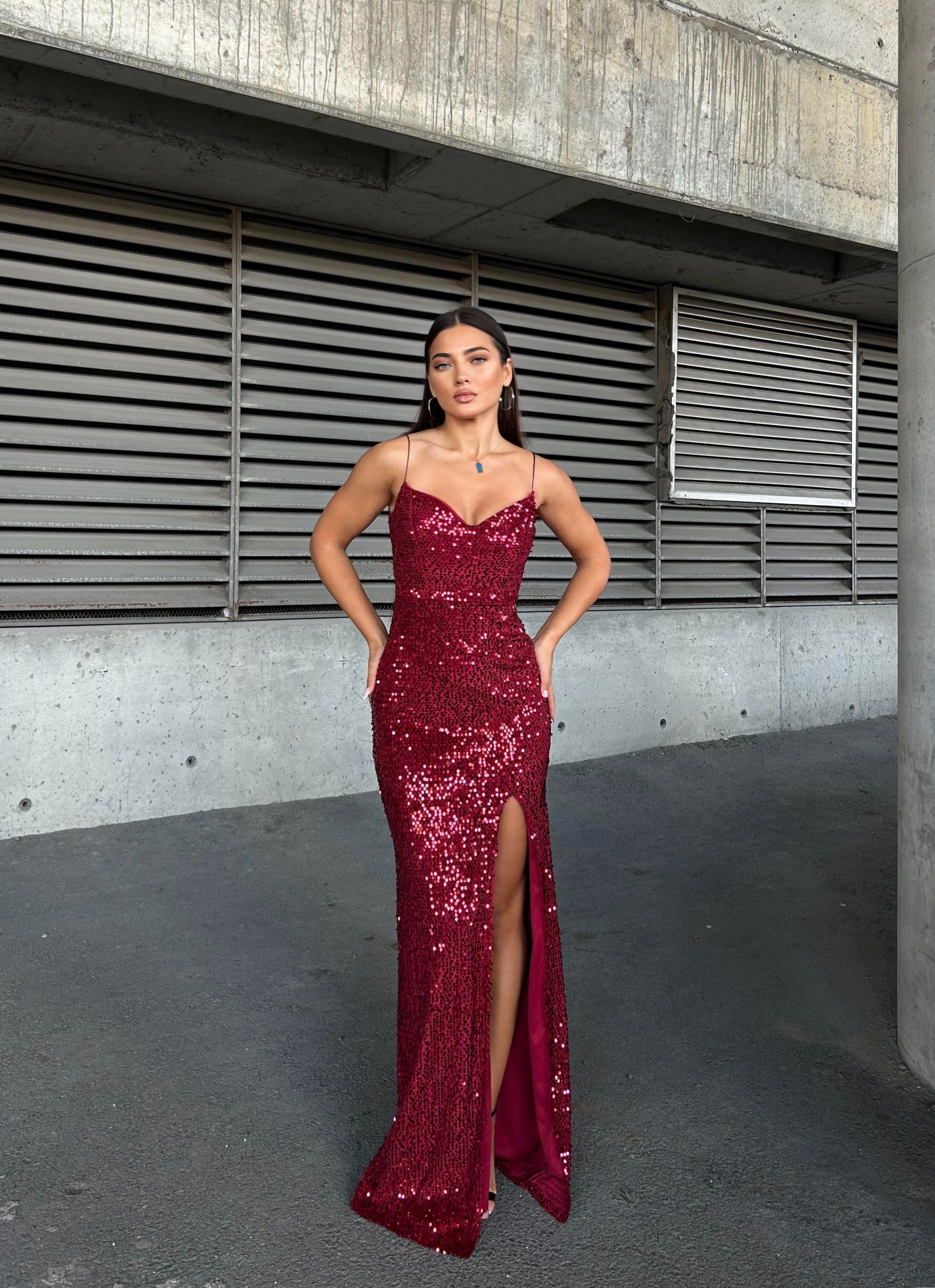 Trend Yırtmaçlı Kadife Elbise Bordo 583293