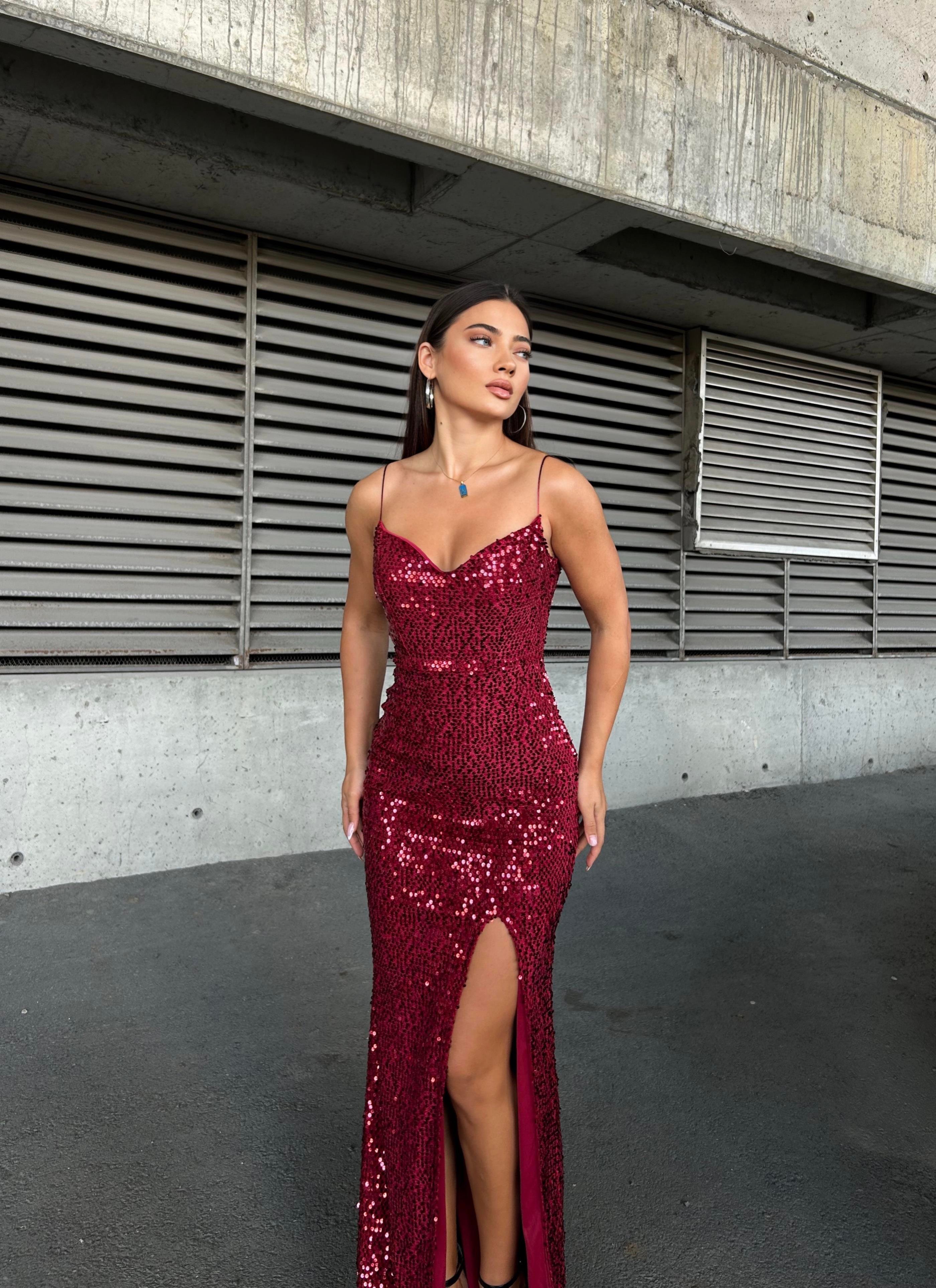 Trend Yırtmaçlı Kadife Elbise Bordo 583293