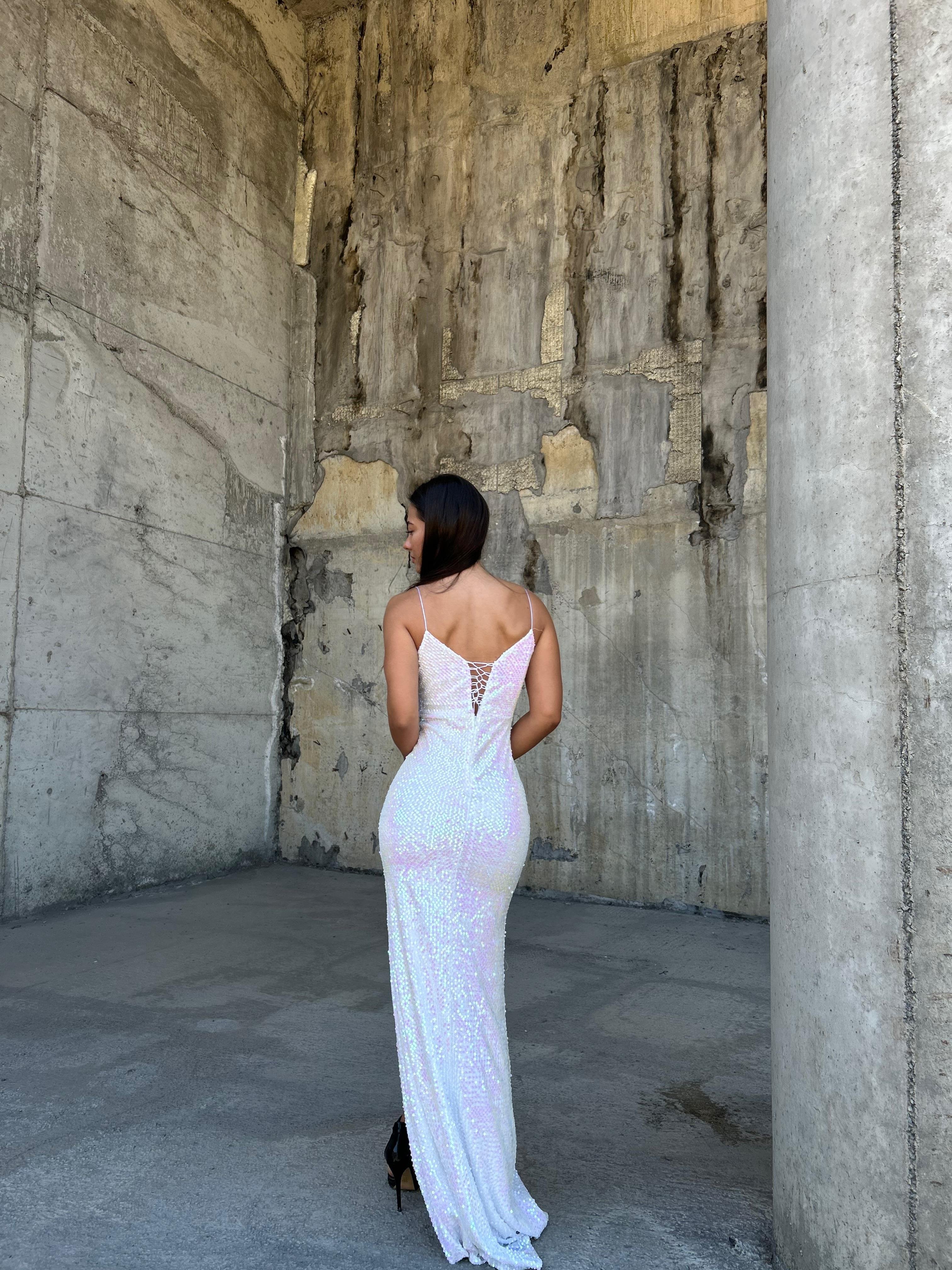Trend Yırtmaçlı Kadife Elbise Hologram 583293