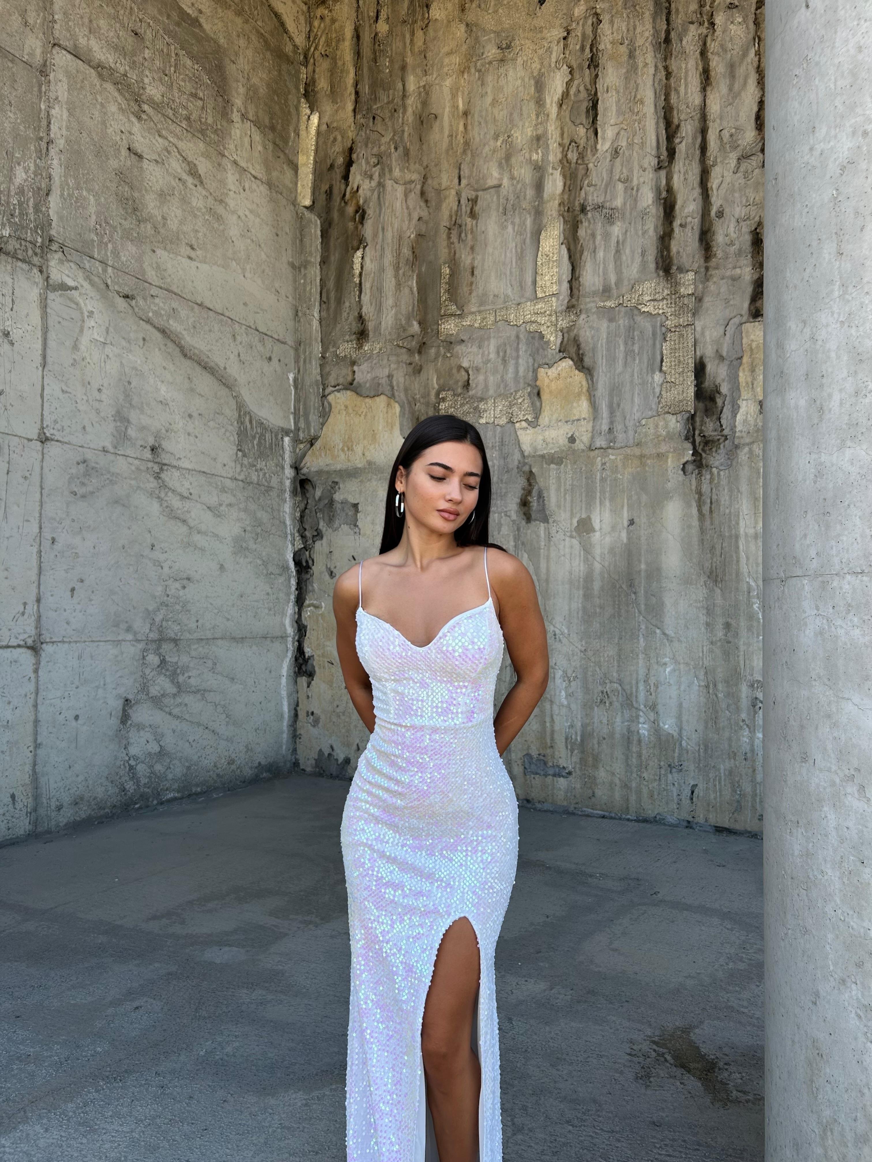 Trend Yırtmaçlı Kadife Elbise Hologram 583293