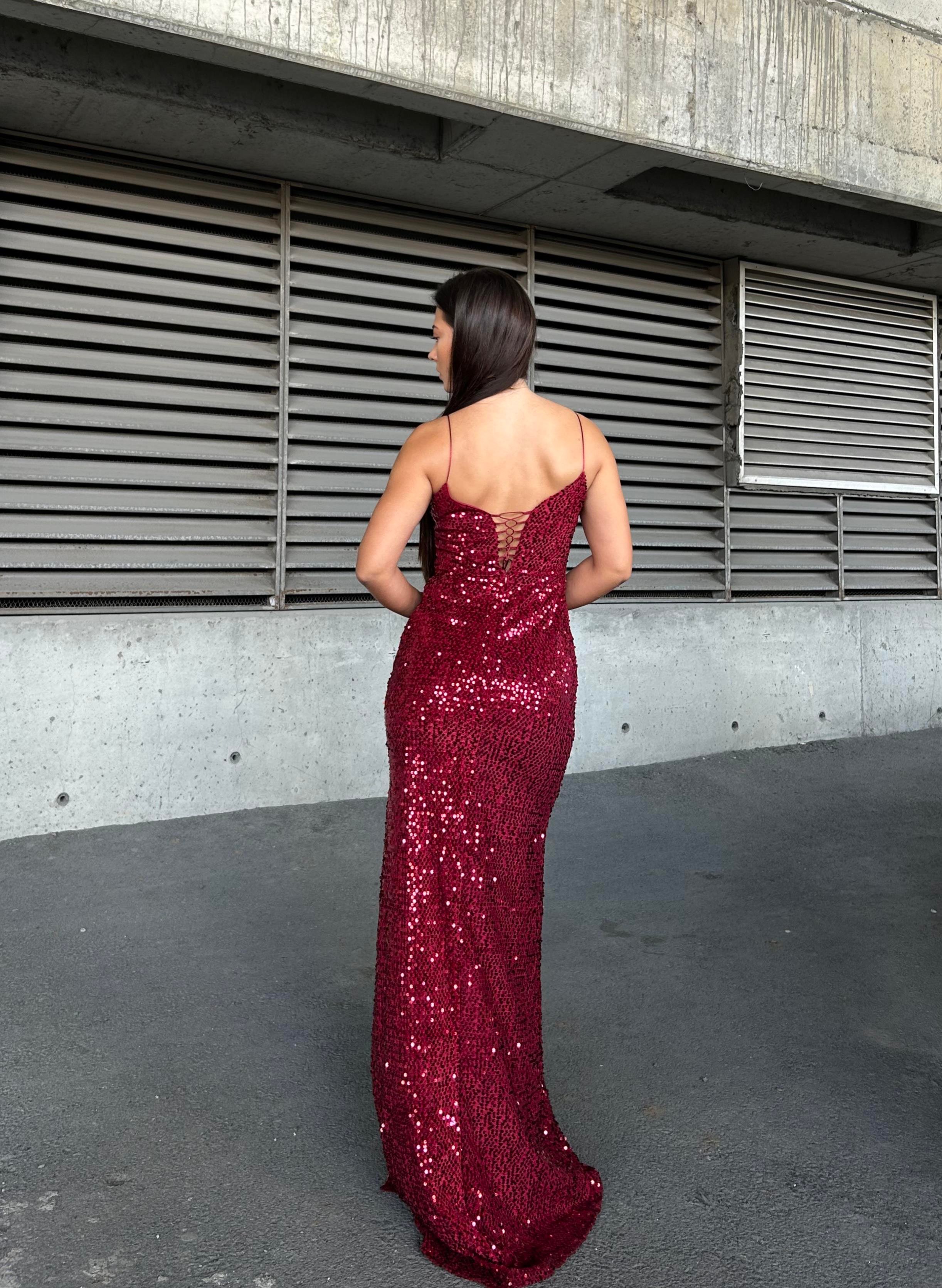 Trend Yırtmaçlı Kadife Elbise Bordo 583293