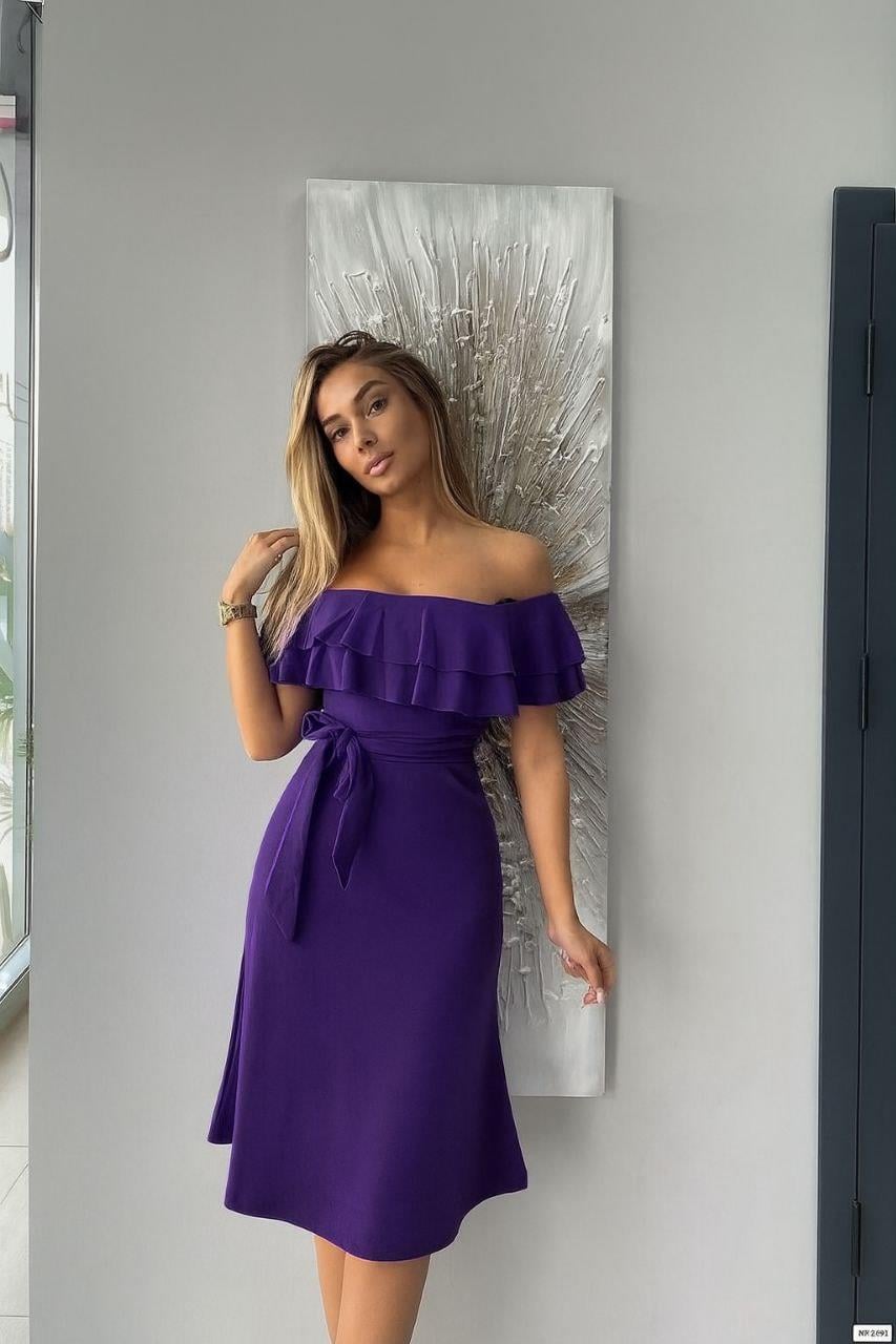 Mor Düşük Omuzlu Kuşaklı Şık Davet Elbisesi 581327