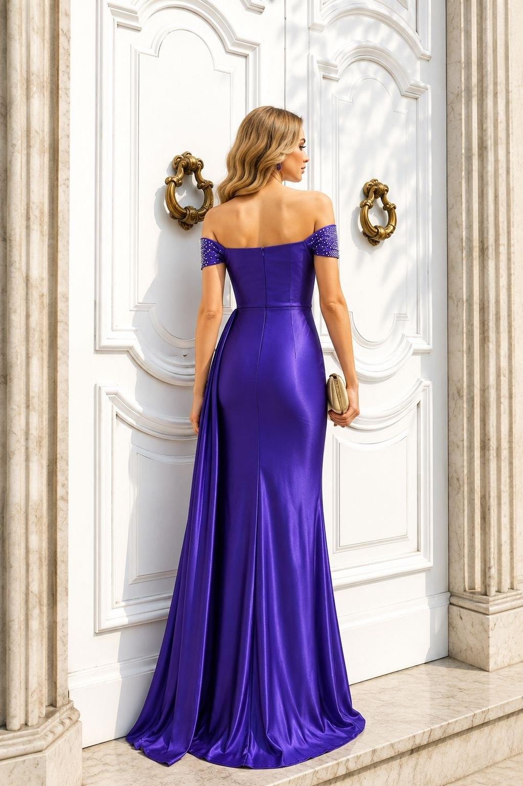 Mor Saten Kumaş Düşük Omuz Maxi Boy Elbise 583397