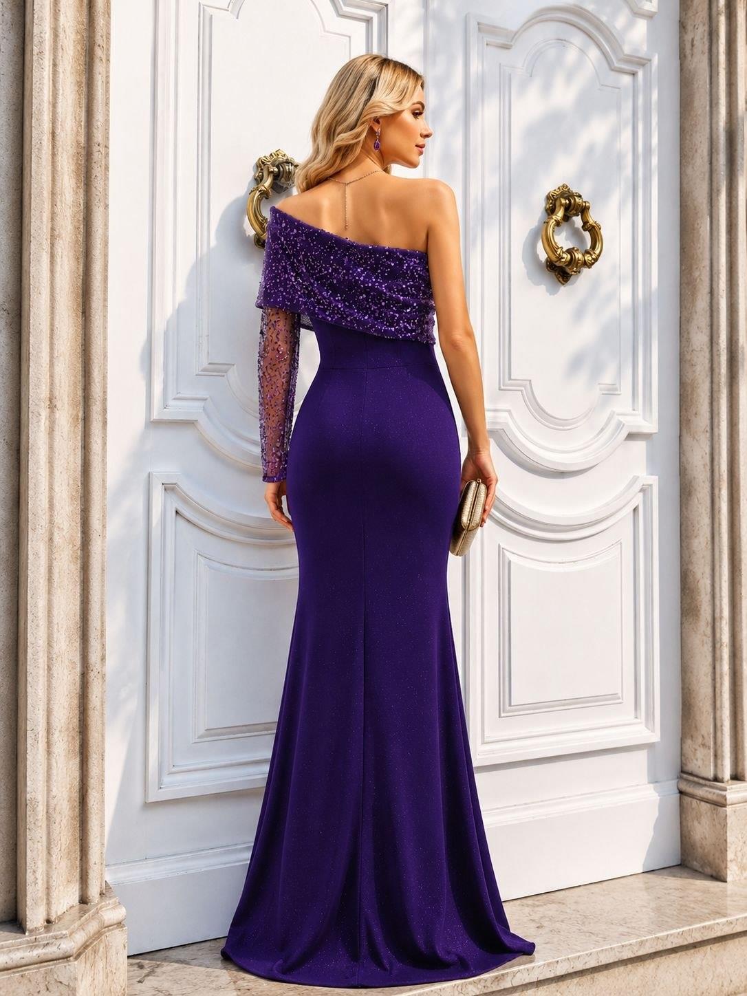 Mor Simli Kumaş Tek Kol Taş İşlemeli Balık Model Abiye 583408