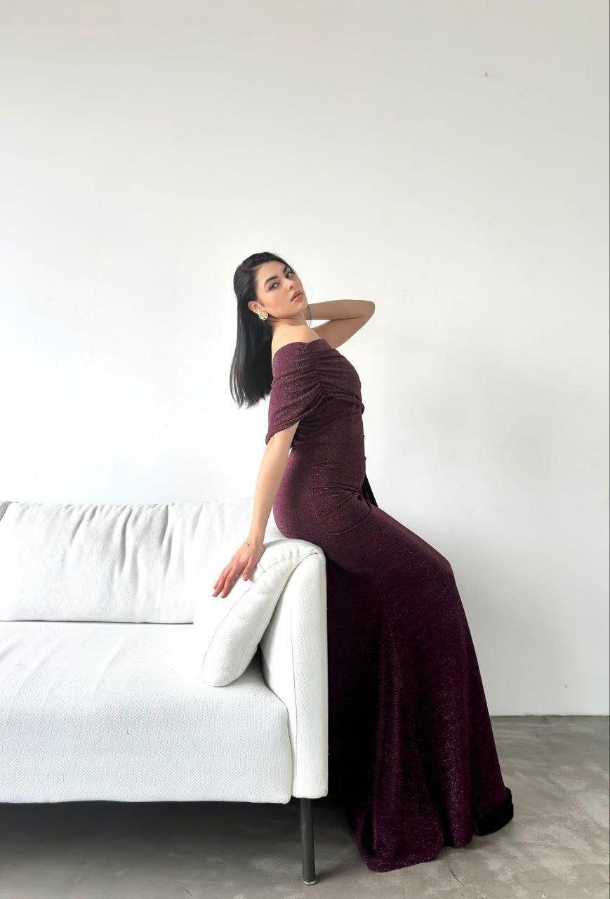 Omuz Detaylı, Beli Drapeli Modern Abiye Elbise 582891 MOR