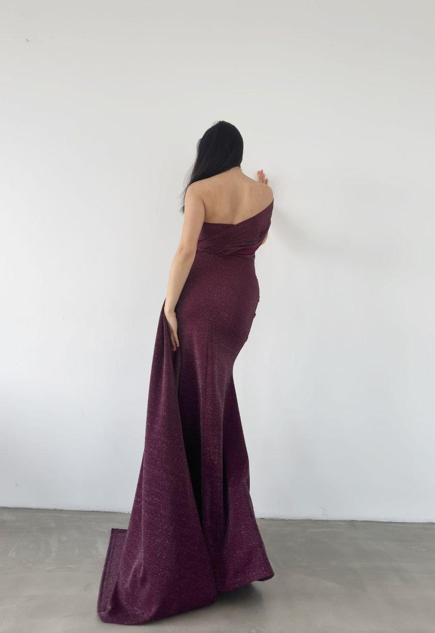Omuz Detaylı, Beli Drapeli Modern Abiye Elbise 582891 MOR