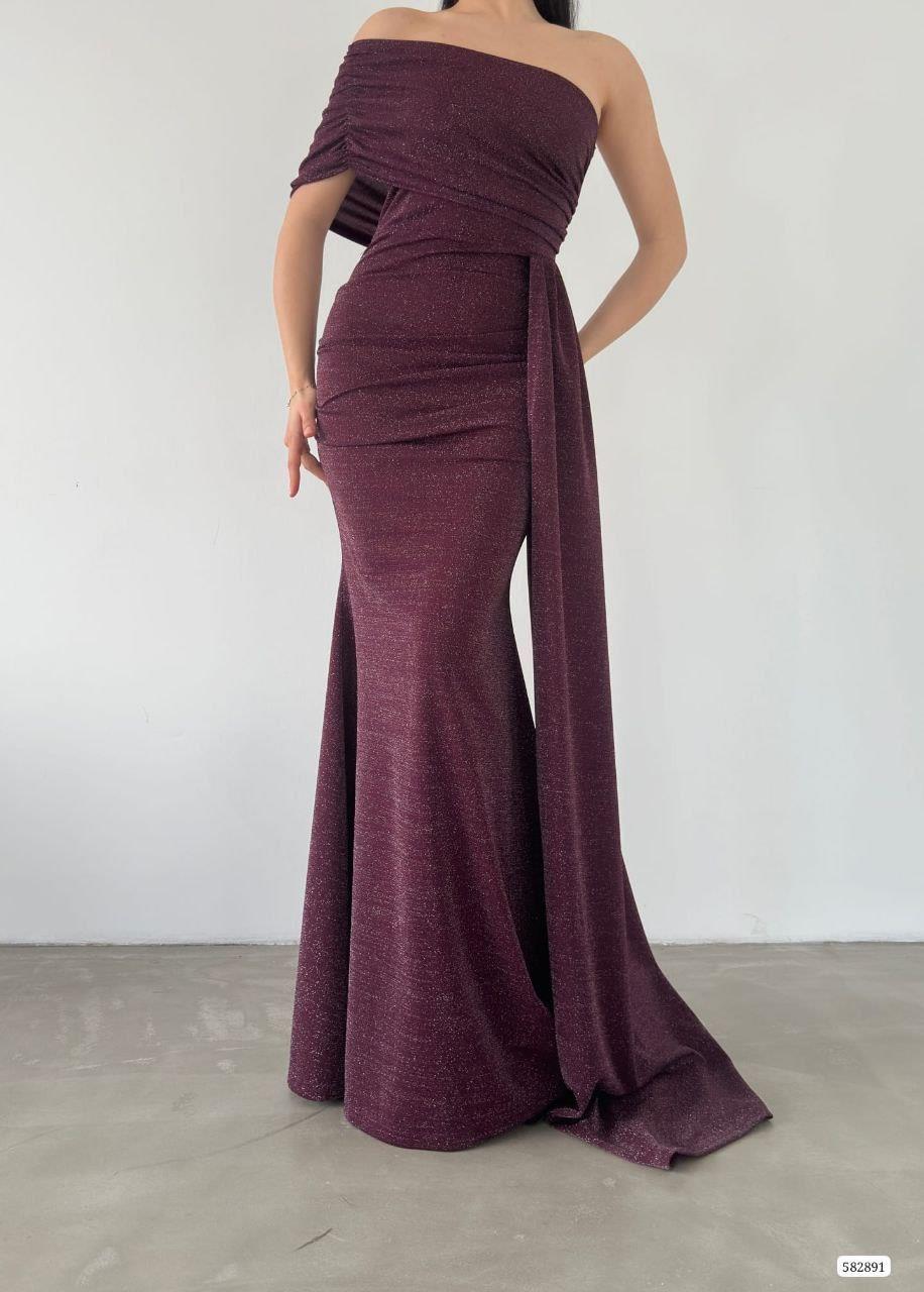 Omuz Detaylı, Beli Drapeli Modern Abiye Elbise 582891 MOR