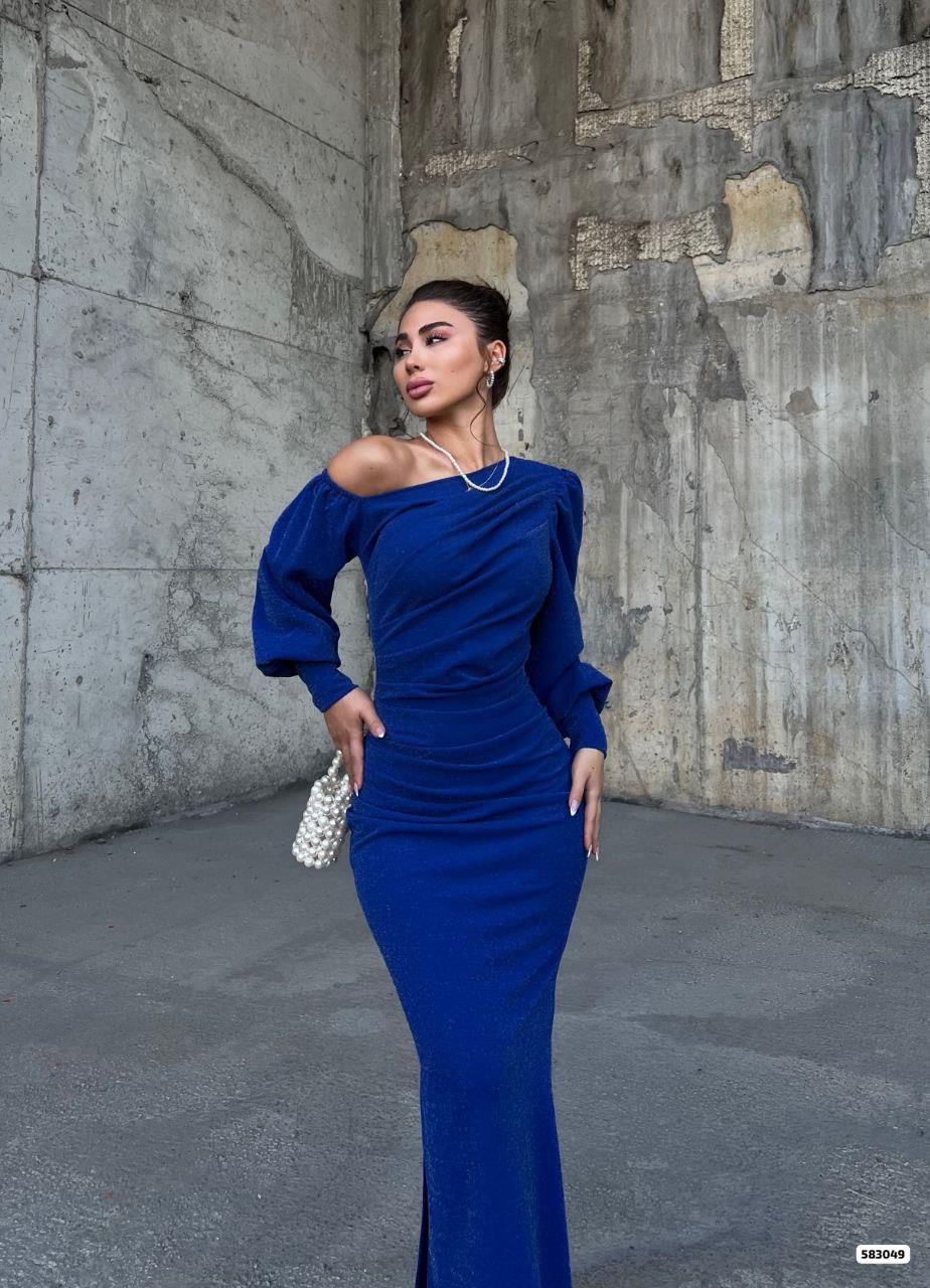 Omzu Açık Maxi Boy SİMLİKREP Kumaş Abiye Elbise 583049 SAKS
