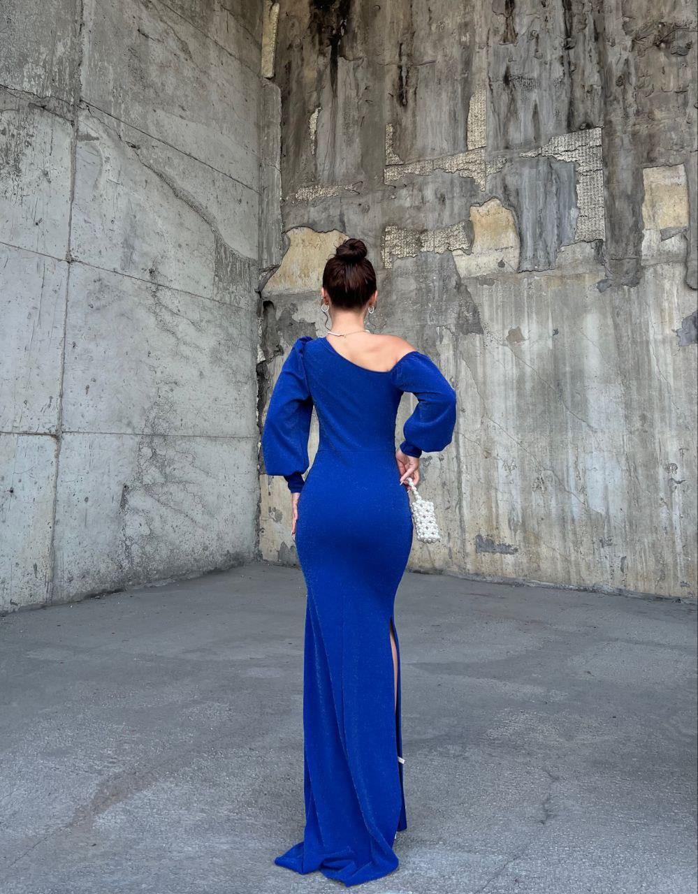 Omzu Açık Maxi Boy SİMLİKREP Kumaş Abiye Elbise 583049 SAKS