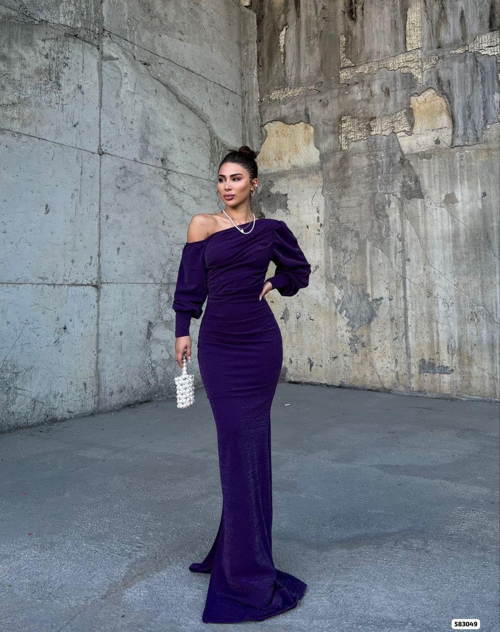 Omzu Açık Maxi Boy SİMLİKREP Kumaş Abiye Elbise 583049 MOR