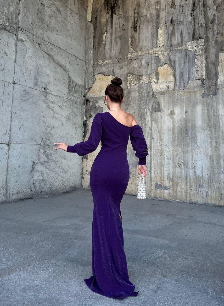 Omzu Açık Maxi Boy SİMLİKREP Kumaş Abiye Elbise 583049 MOR