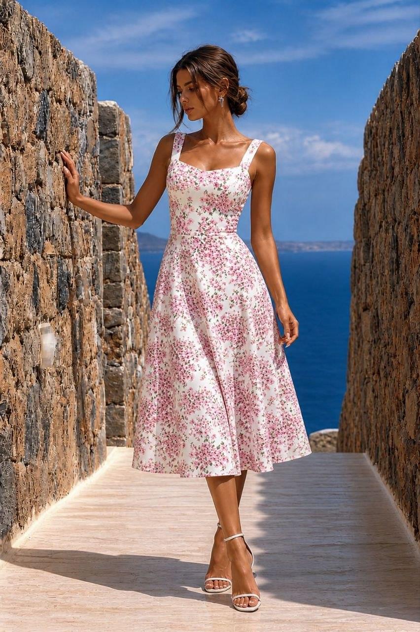 Pembe Desenli Kare Yaka Midi Elbise 582573