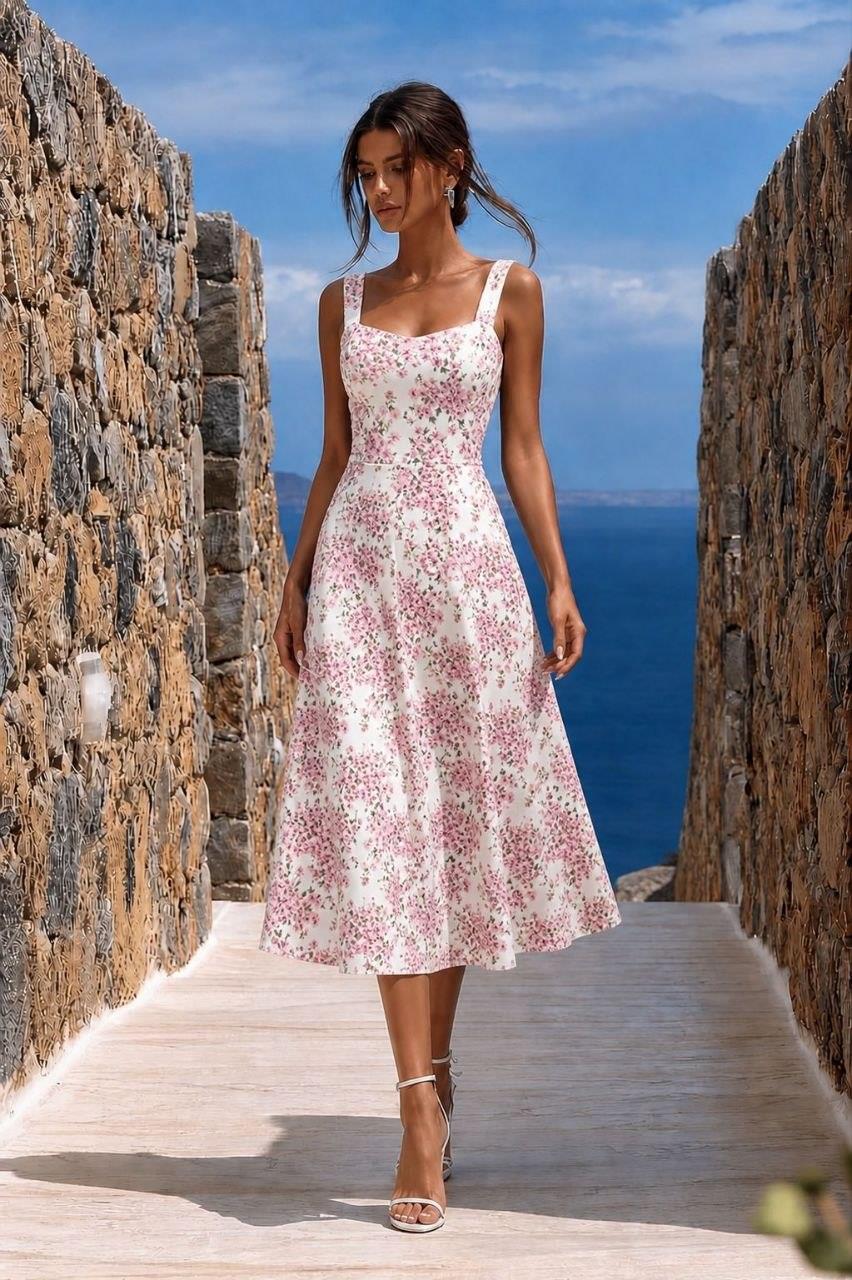 Pembe Desenli Kare Yaka Midi Elbise 582573