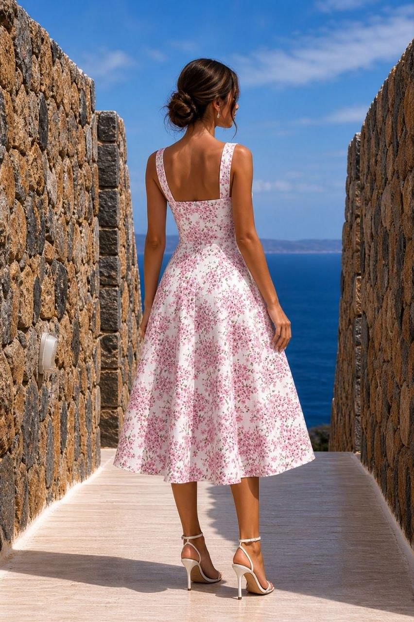 Pembe Desenli Kare Yaka Midi Elbise 582573