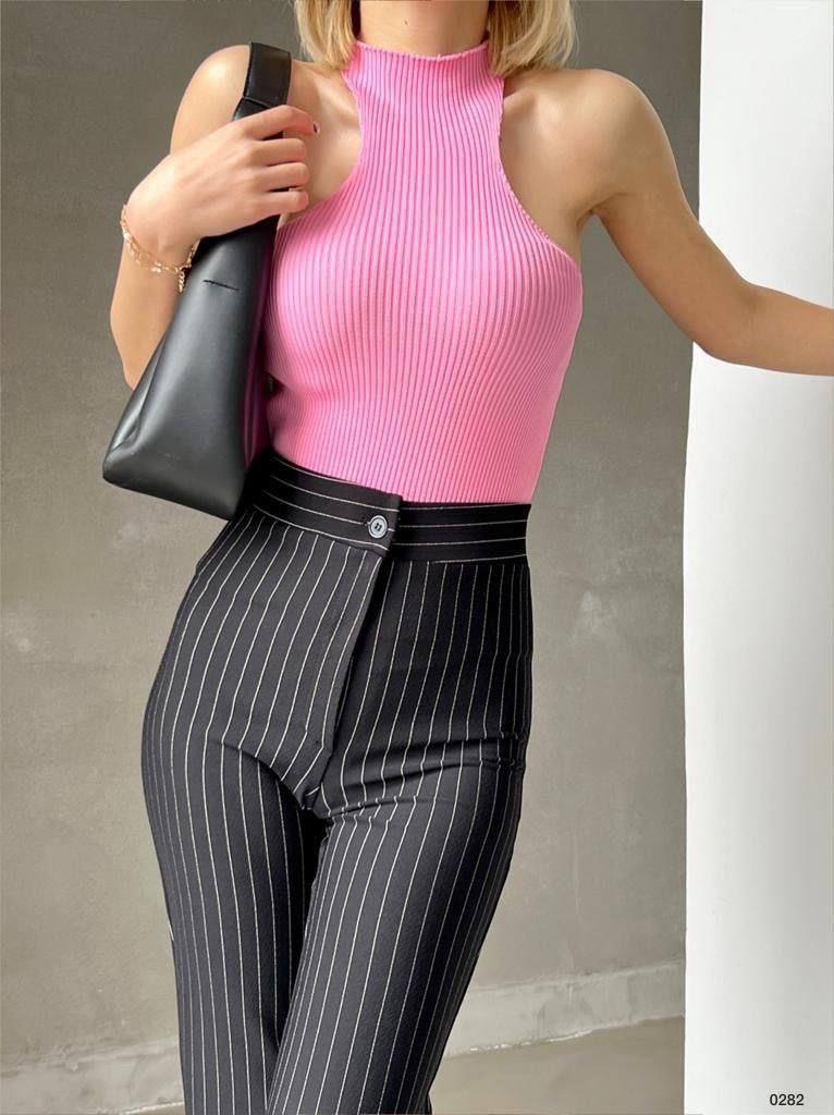 Pembe Dik Yaka Kolsuz Triko Bluz TR0282