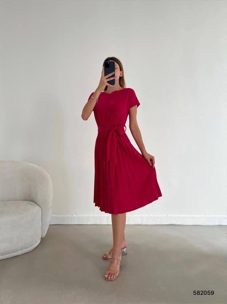 Piliseli Kuşaklı Krep Elbise FUŞYA 582059