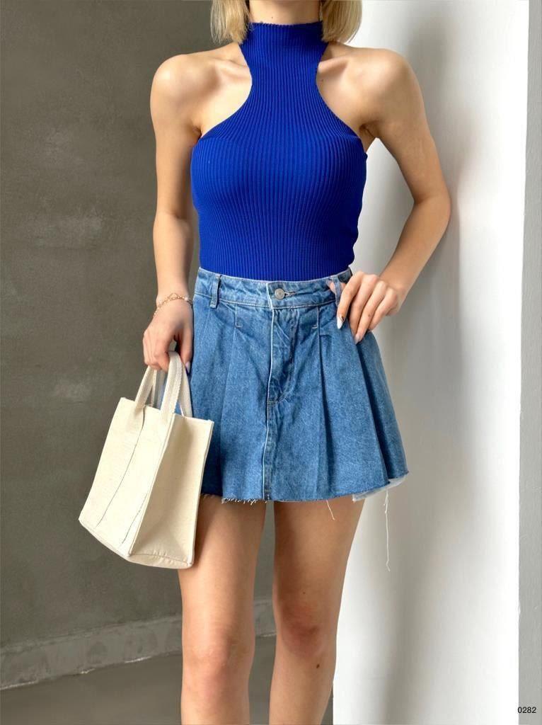 Saks Dik Yaka Kolsuz Triko Bluz TR0282