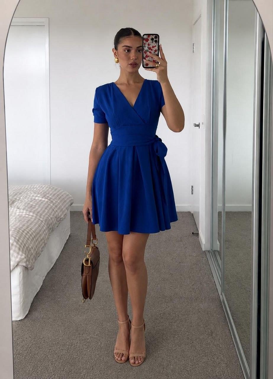 Saks V Yaka Kuşaklı Mini Elbise 582871