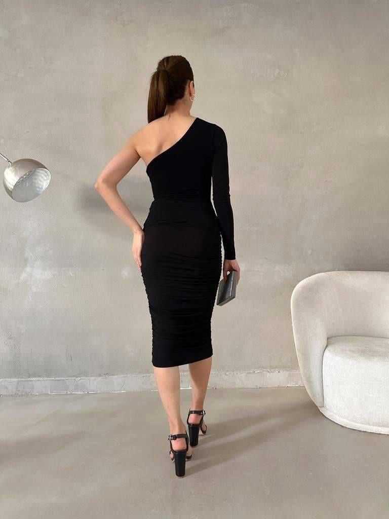 Sandy Kumaş Tek Omuz Detaylı Midi Elbise 582694 Siyah