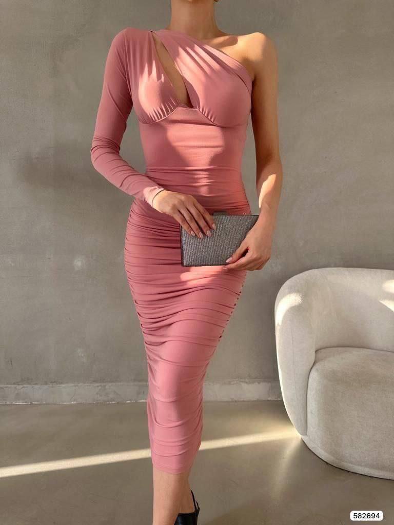 Sandy Kumaş Tek Omuz Detaylı Midi Elbise 582694 Pudra