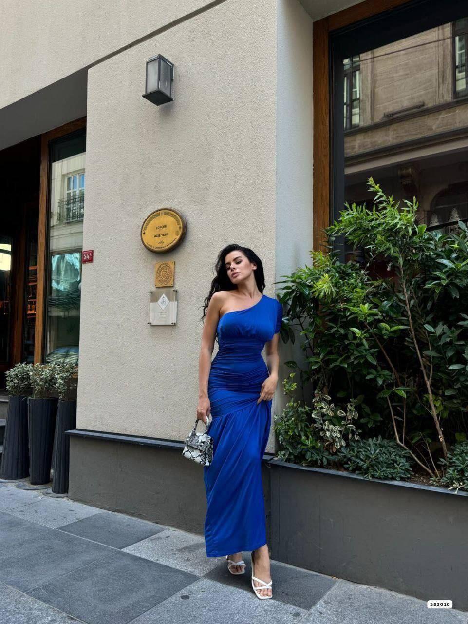 Sandy Kumaş Tek Omuz Detaylı Uzun Elbise 583010 Saks
