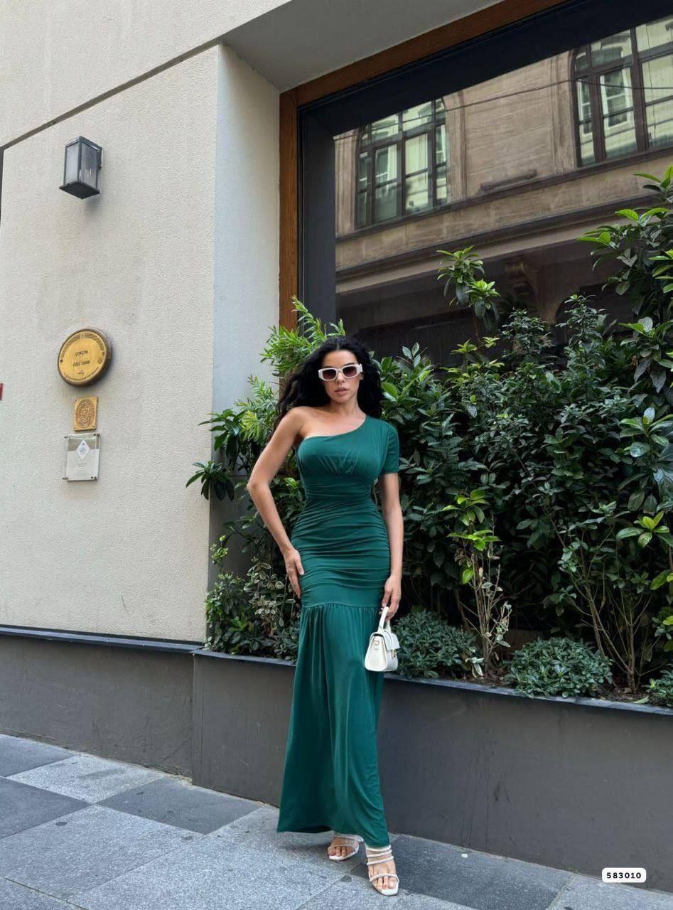 Sandy Kumaş Tek Omuz Detaylı Uzun Elbise 583010 Zumrut