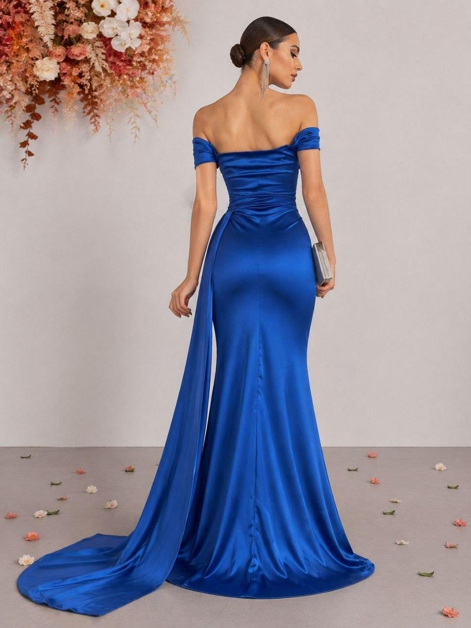 Saten Kumaş Düşük Omuz Maxi Boy Elbise 582441 Saks