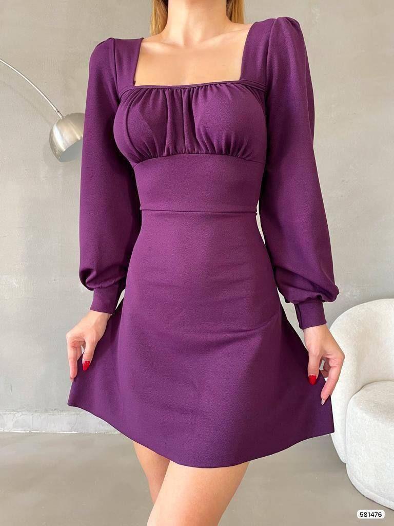 Sırt Detay Uzun Kol İthal Krep Kumaş Kısa Elbise Mor 581476