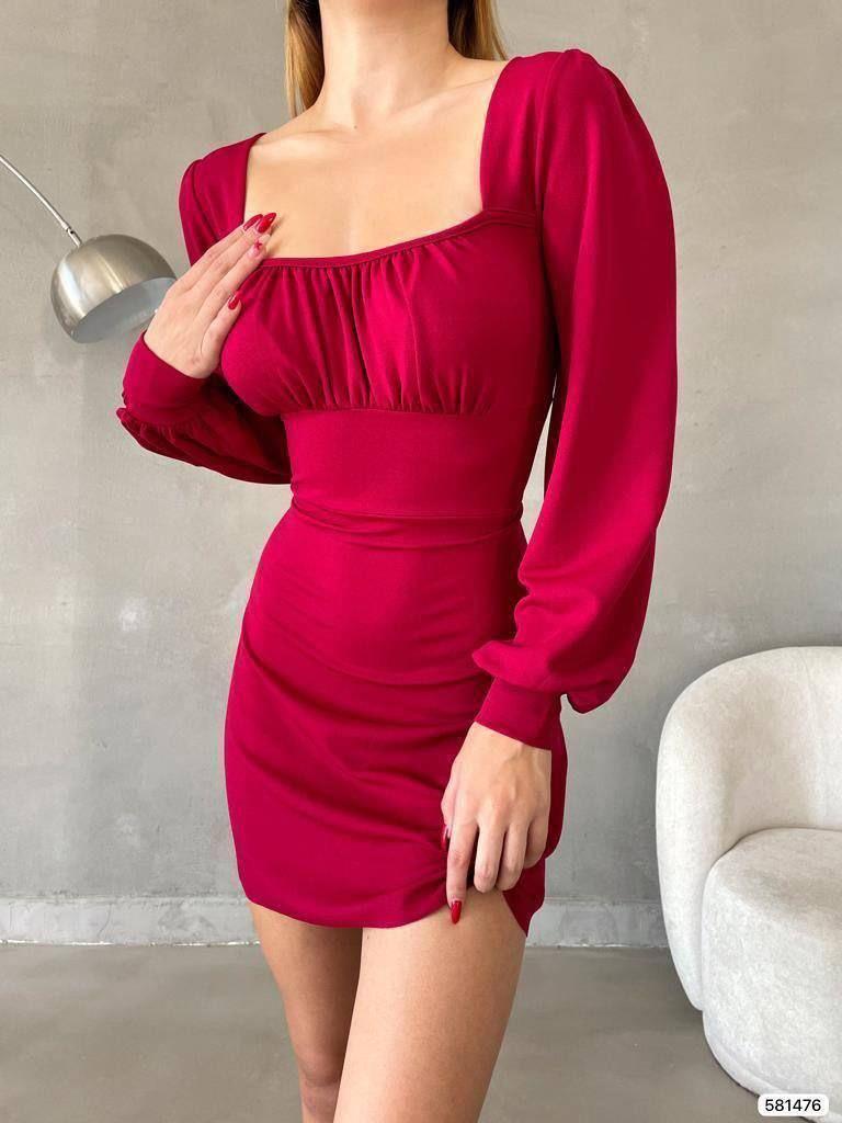 Sırt Detay Uzun Kol İthal Krep Kumaş Kısa Elbise Bordo 581476