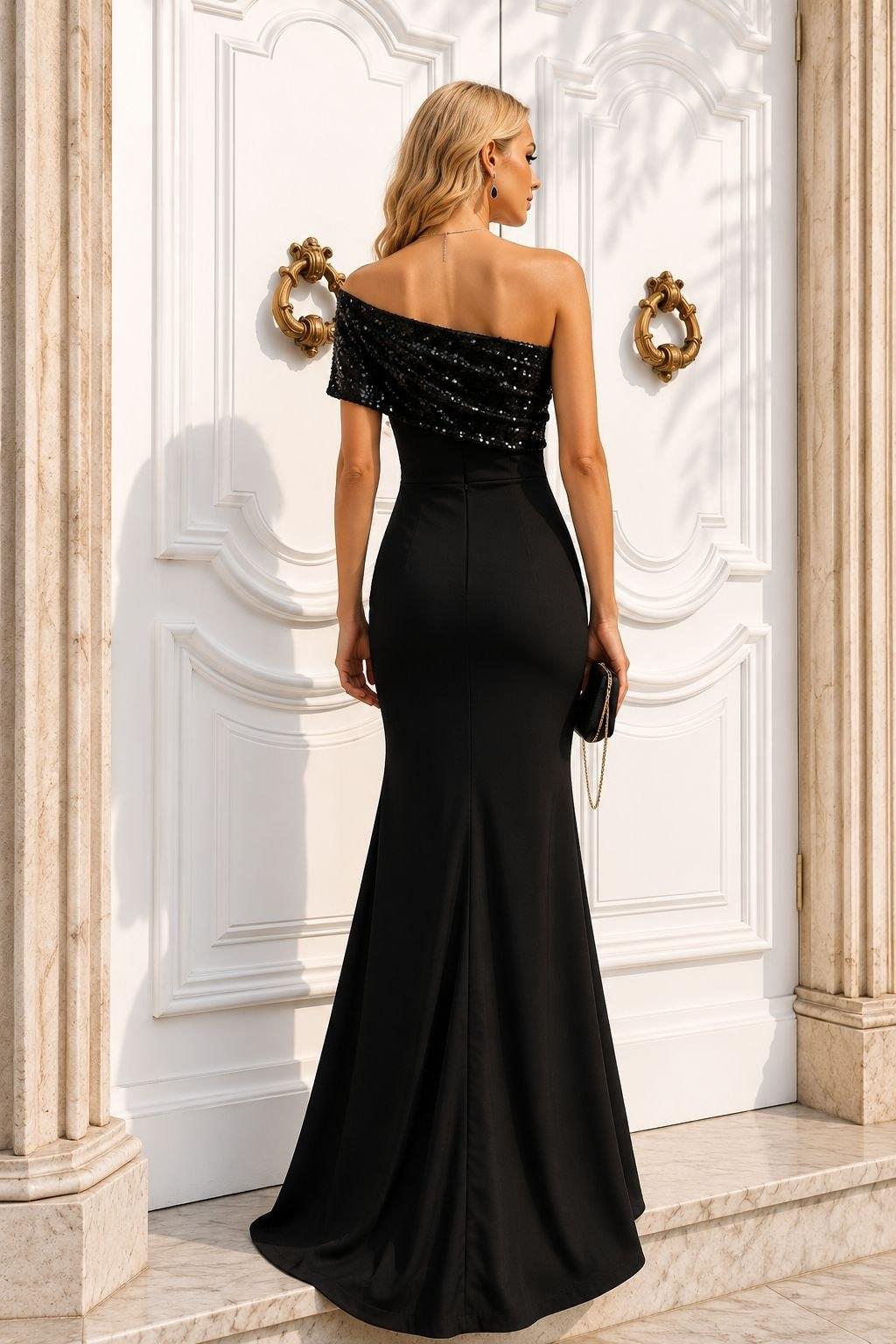 Siyah Simli Kumaş Tek Kol Taş İşlemeli Balık Model Abiye 583408