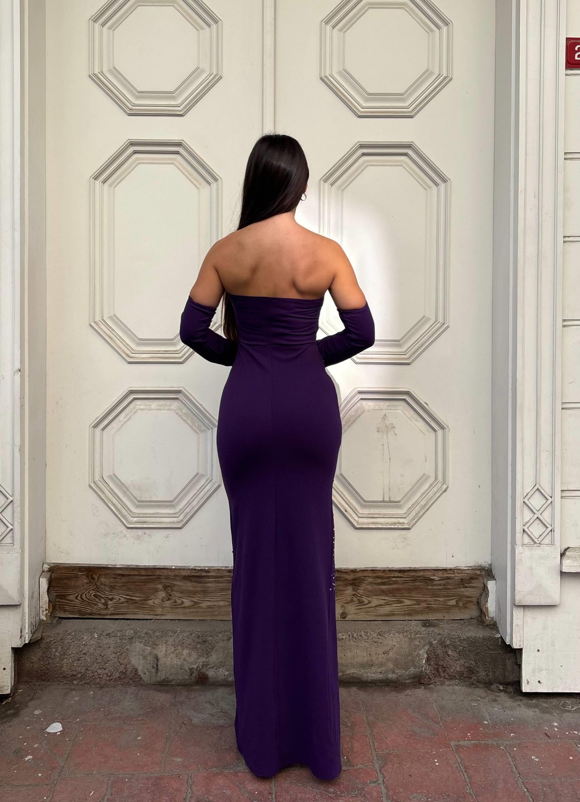 Straplez Tas Dizayn Yırtmaclı Balık Abiye 583339 MOR