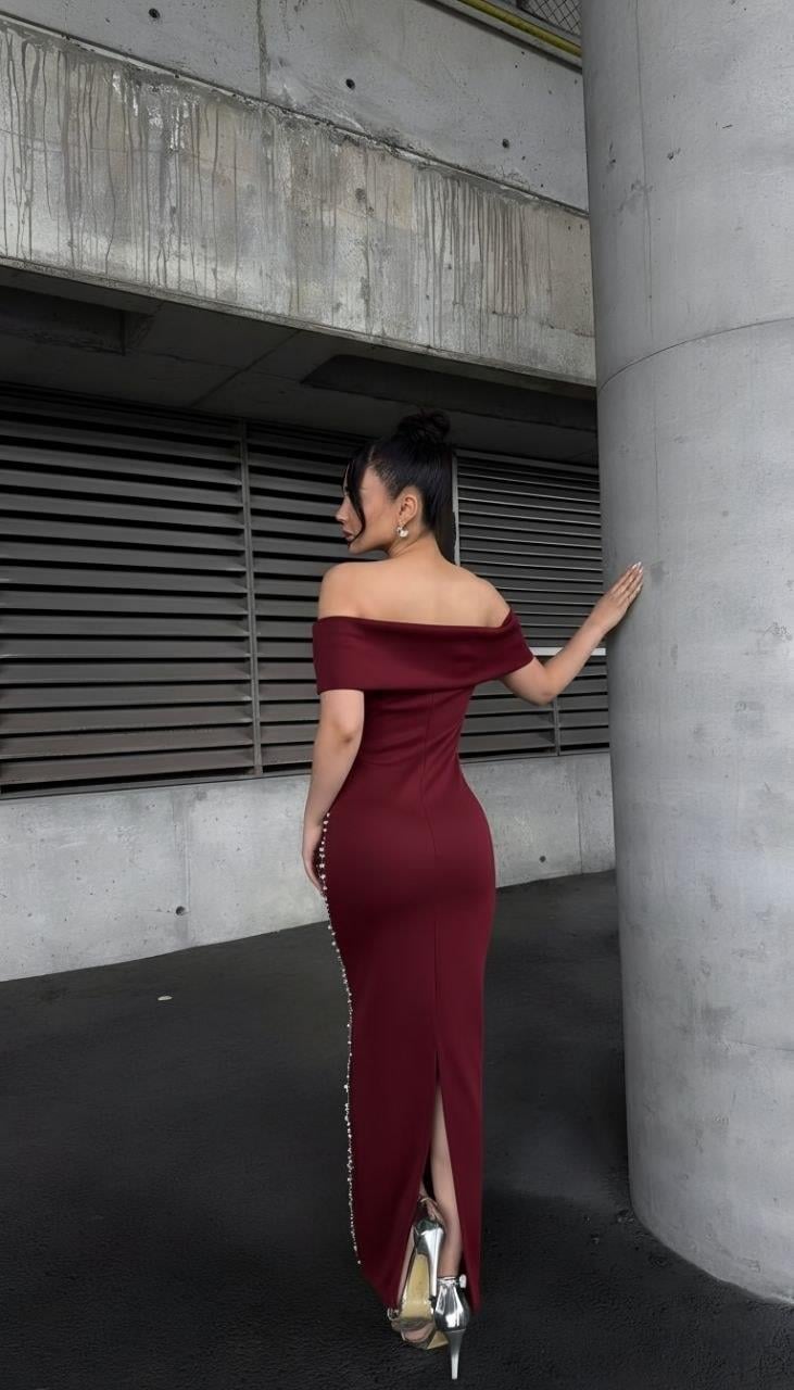 Taş Detaylı Straplez Yaka Scuba Kumaş Elbise BORDO 583241