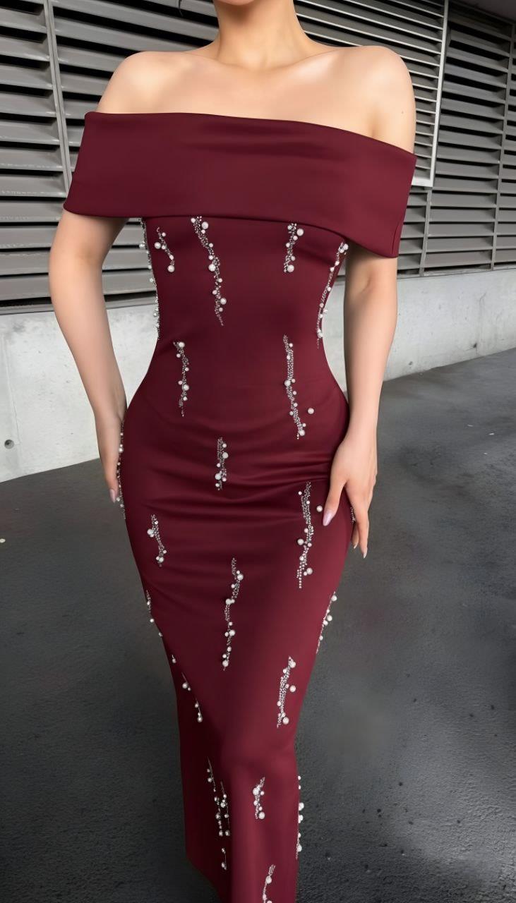 Taş Detaylı Straplez Yaka Scuba Kumaş Elbise BORDO 583241