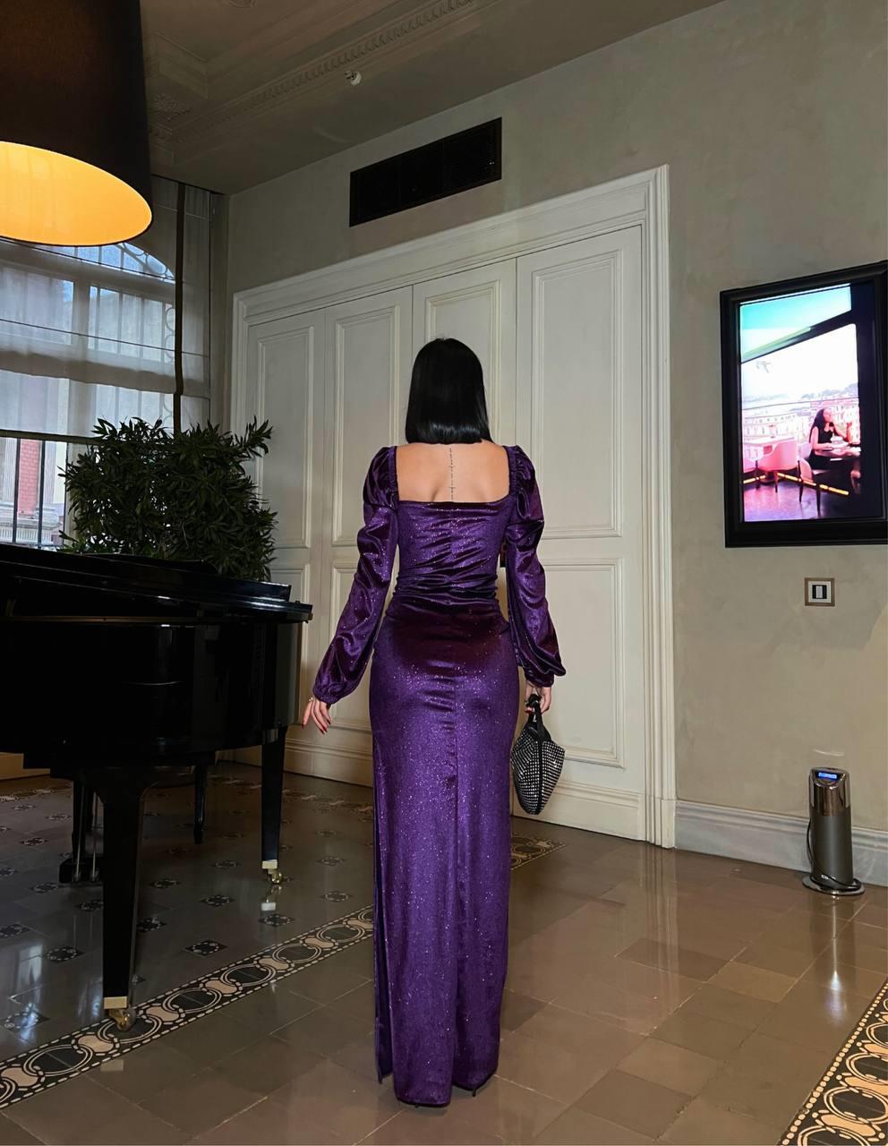 Tek Göğüs Taşlı Simli Kadife Abiye Elbise Mor 583116