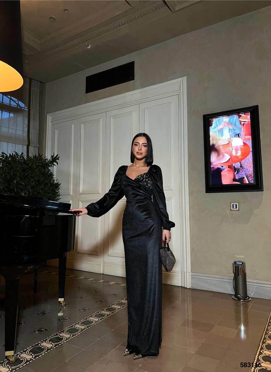 Tek Göğüs Taşlı Simli Kadife Abiye Elbise Siyah 583116