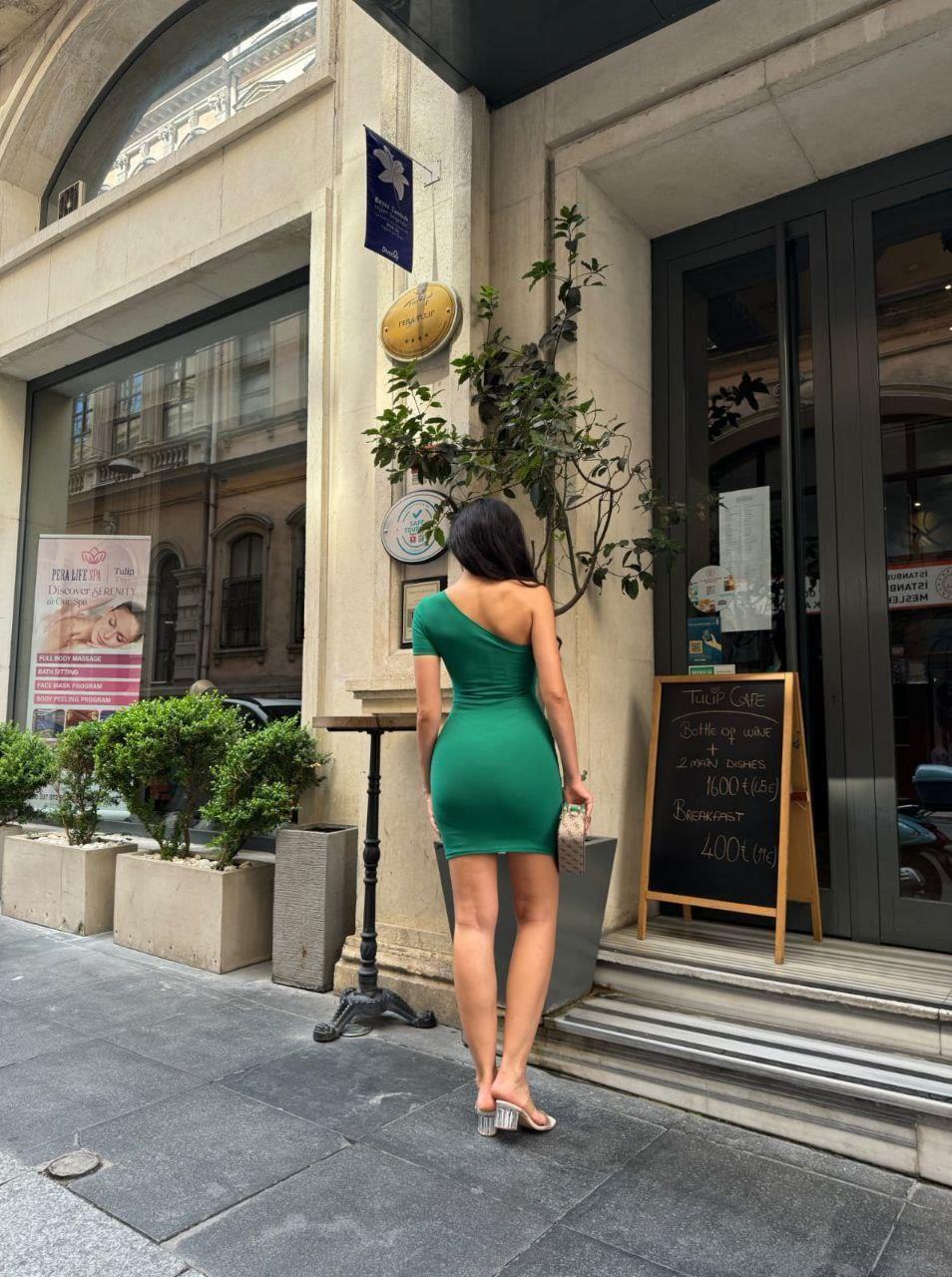 Tek Kol Etek Büzgülü Mini Elbise 582987 Yeşil