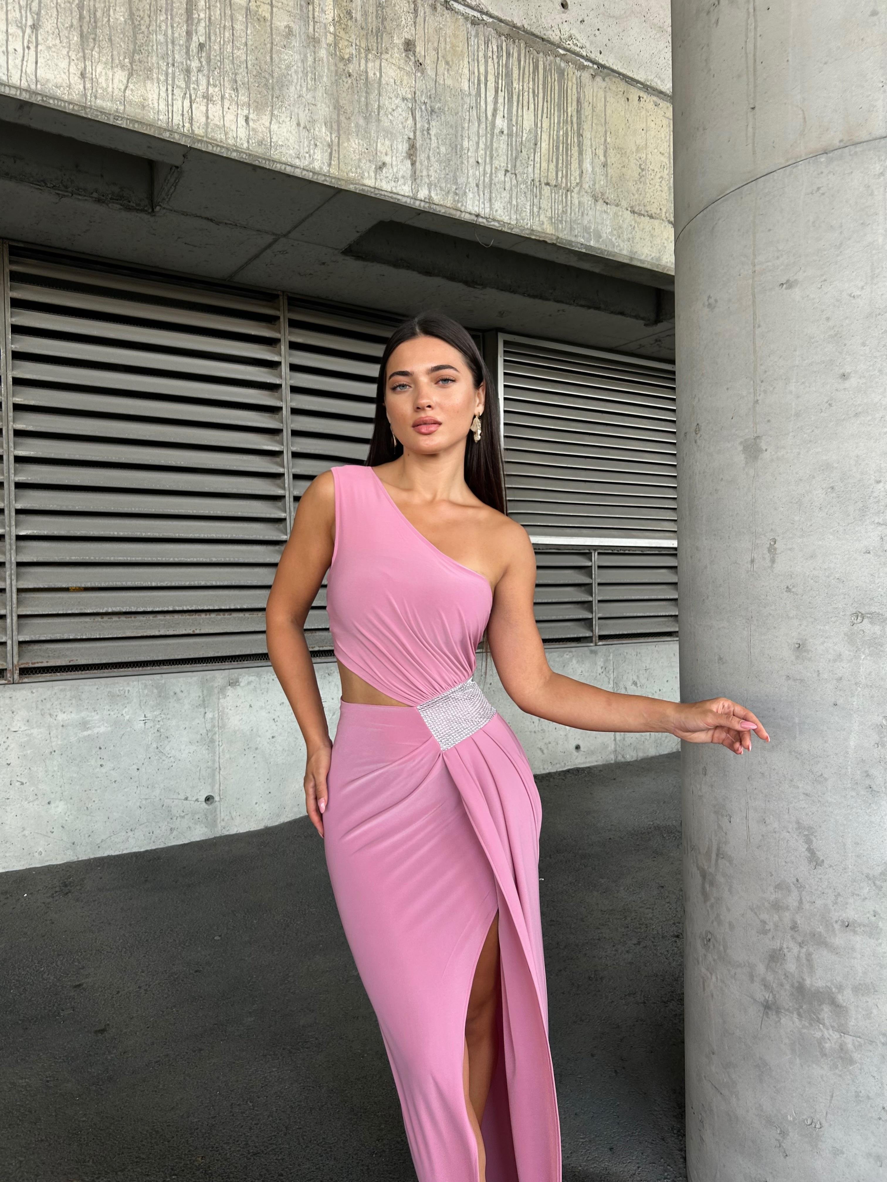 Tek Omuz Detaylı Sandy Kumaş Elbise 583181 Pembe