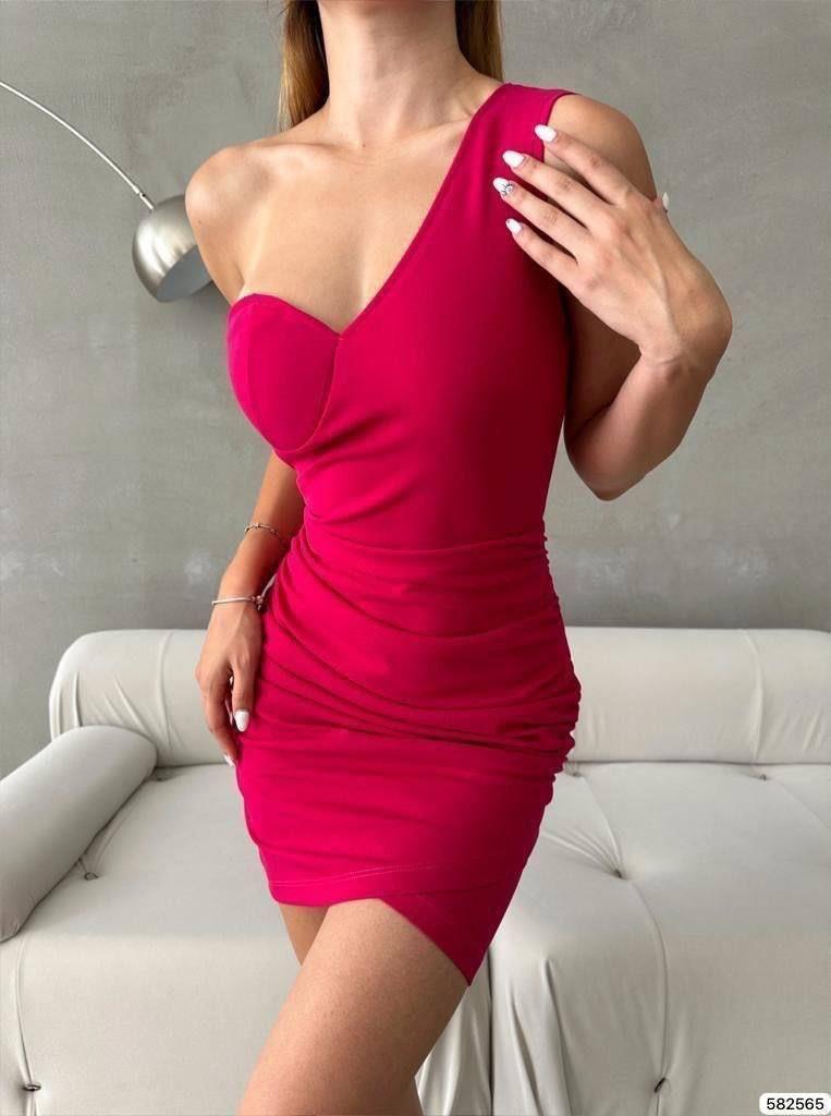 Tek Omuz Eteği Kruvaze Mini Elbise 582565 Fuşya