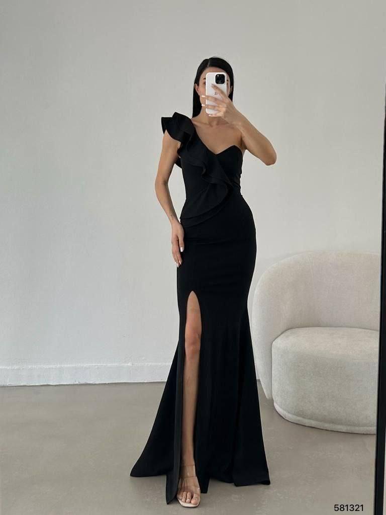 Tek Omuz Scuba Krep Abiye Elbise 581321 Siyah