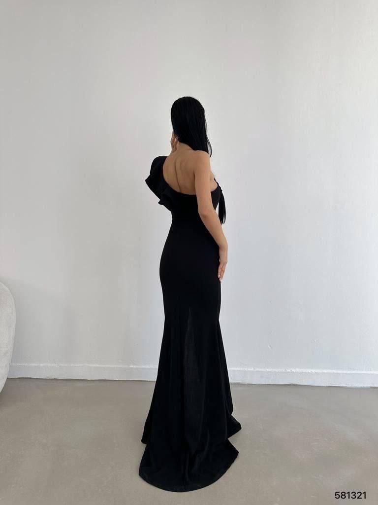 Tek Omuz Scuba Krep Abiye Elbise 581321 Siyah